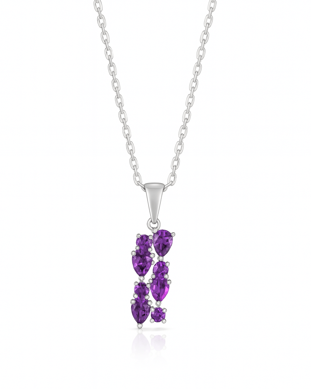 Silver necklace with a purple gemstone pendant on a white background
