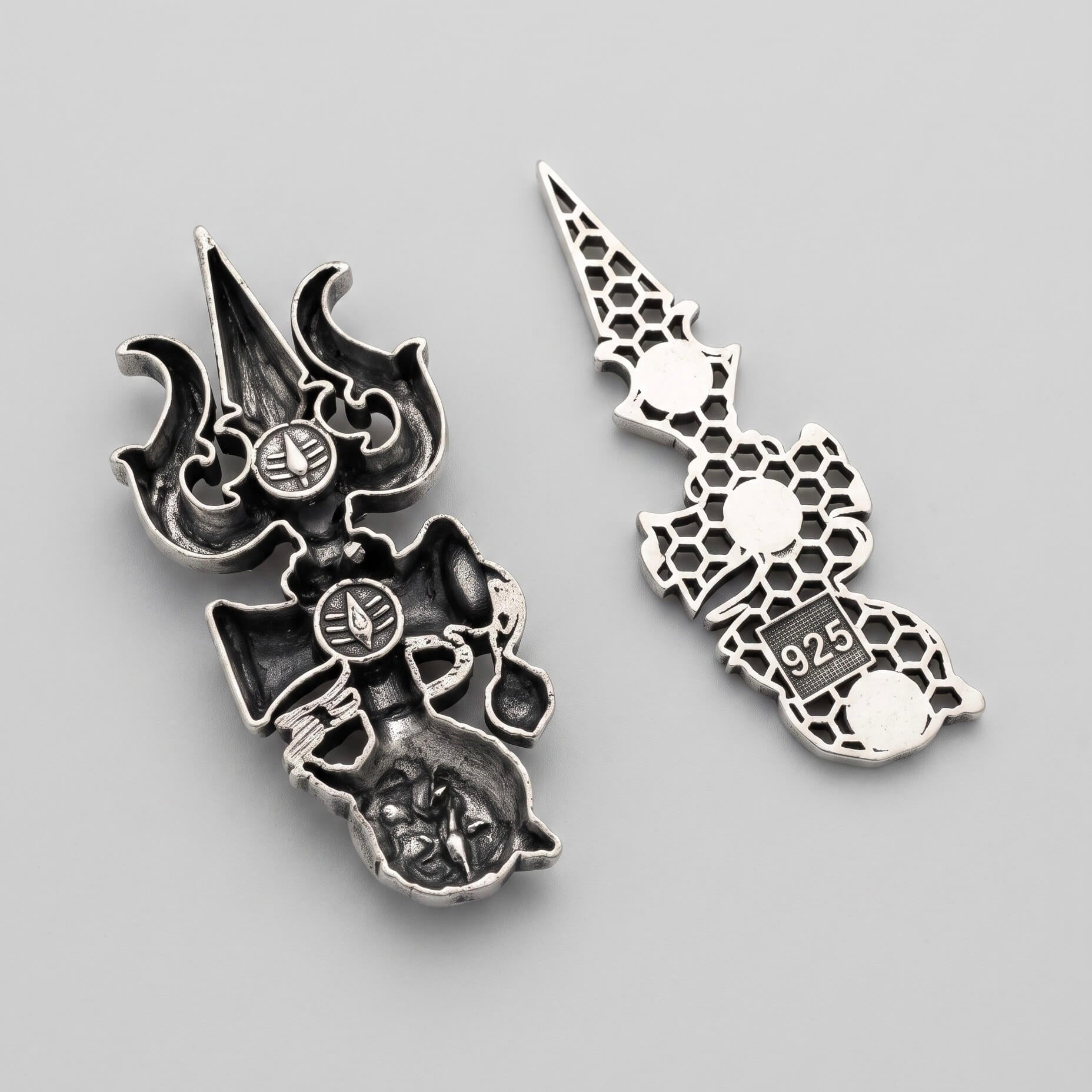 Trishul Damru Silver Brooch
