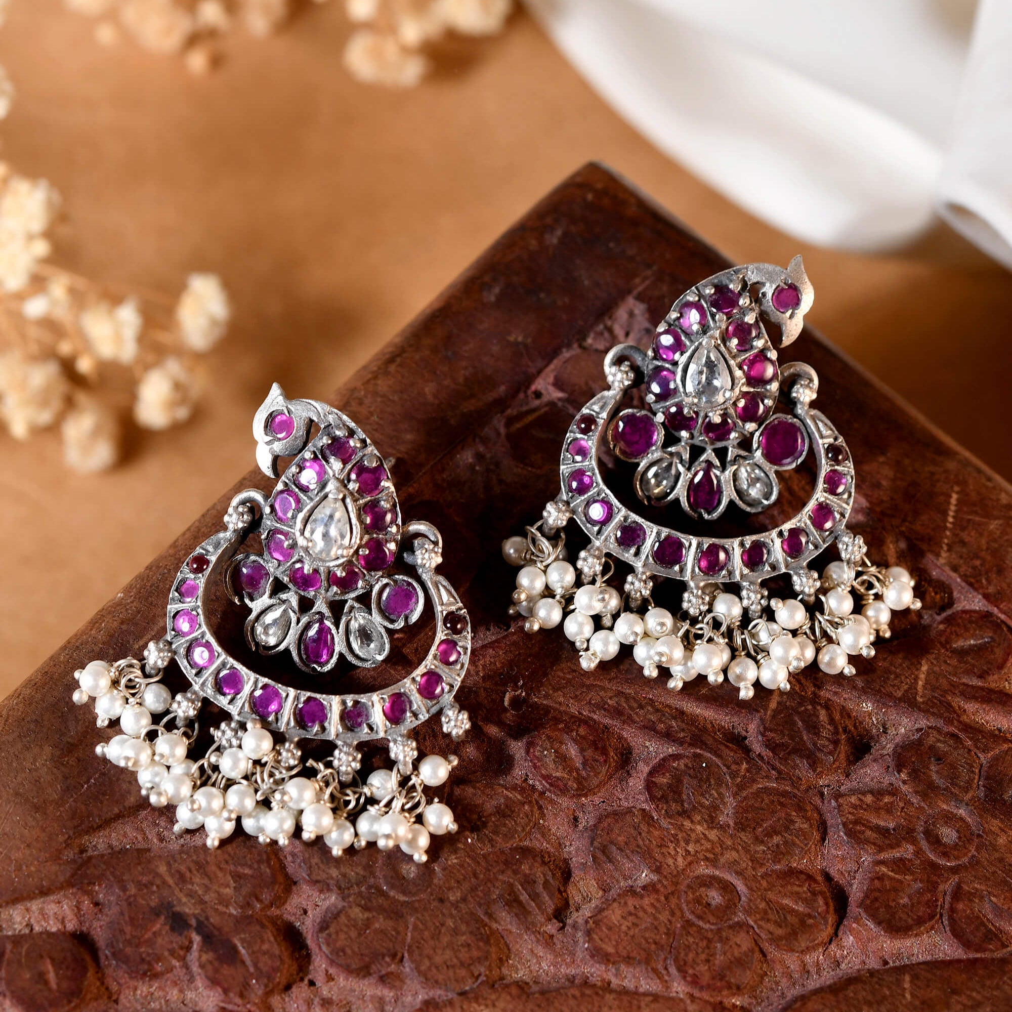 Laal Cut stone Silver Earrings - 925 Silver Jewellery Meera Jaipur