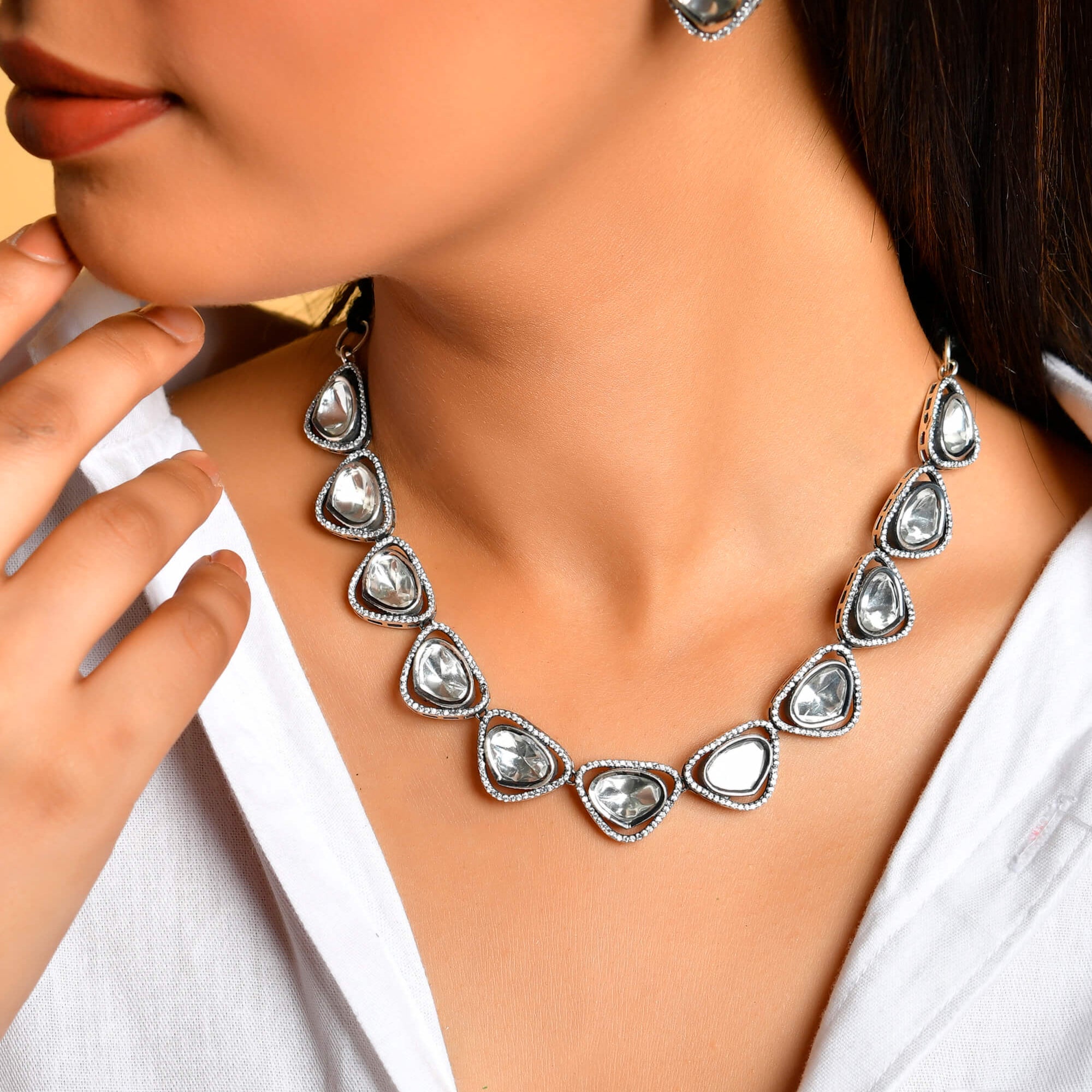 Polki Silver Necklace - 925 Silver Jewellery Meera Jaipur
