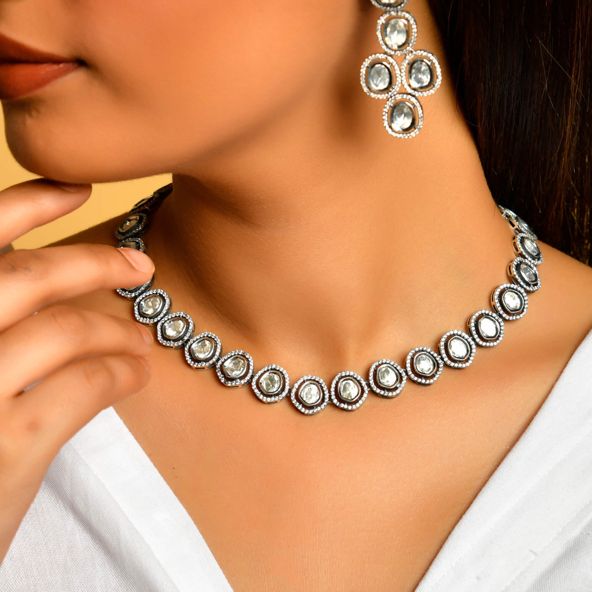 Polki Silver Necklace - 925 Silver Jewellery Meera Jaipur