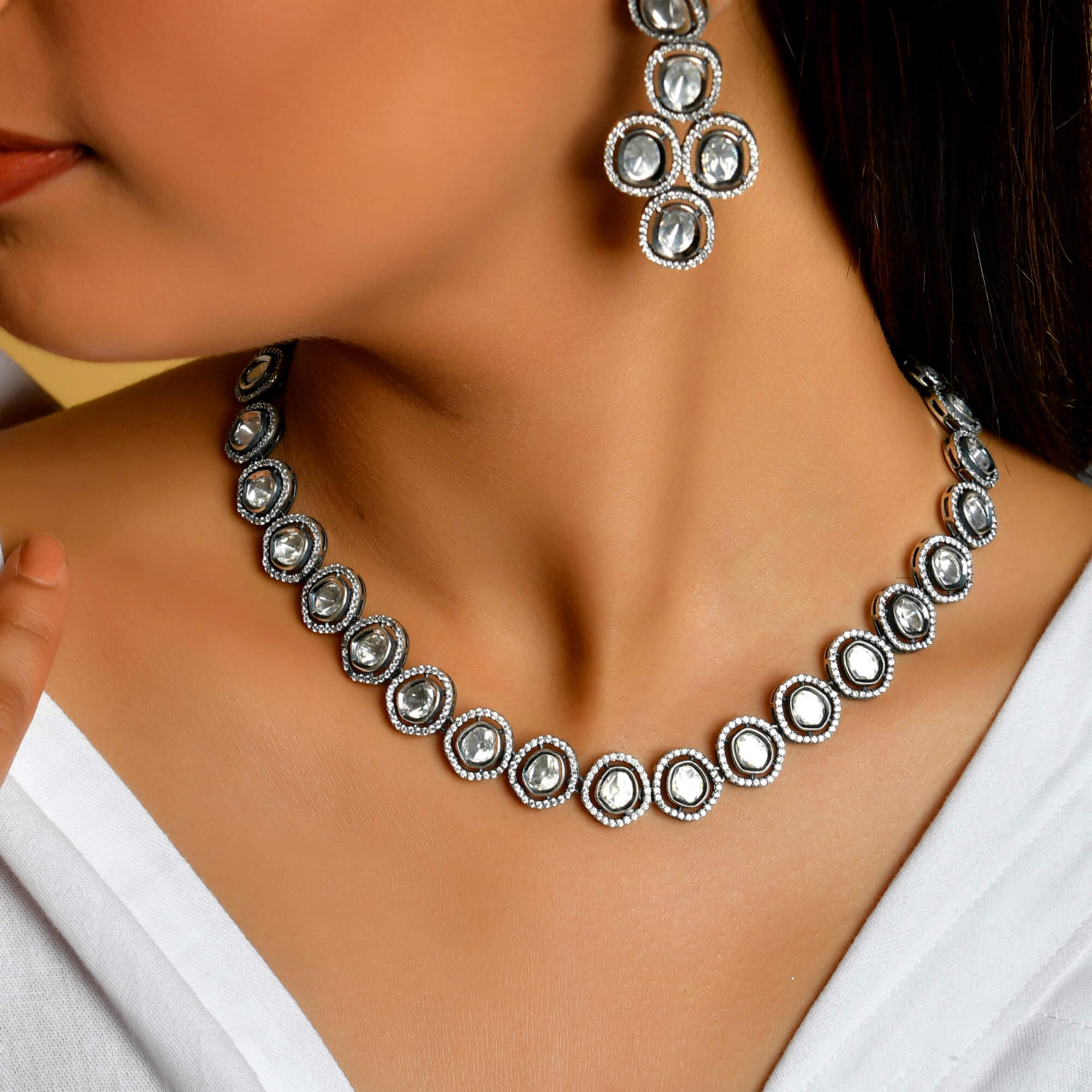 Polki Silver Necklace - 925 Silver Jewellery Meera Jaipur