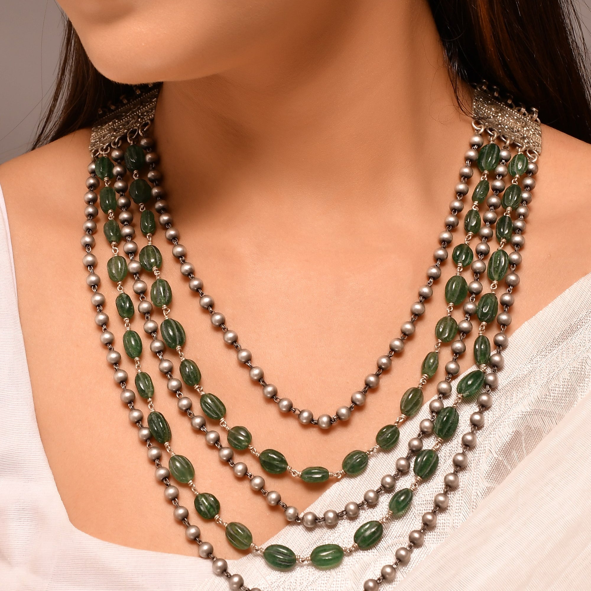 Iraa silver green bead necklace - 925 Silver Jewellery Meera Jaipur