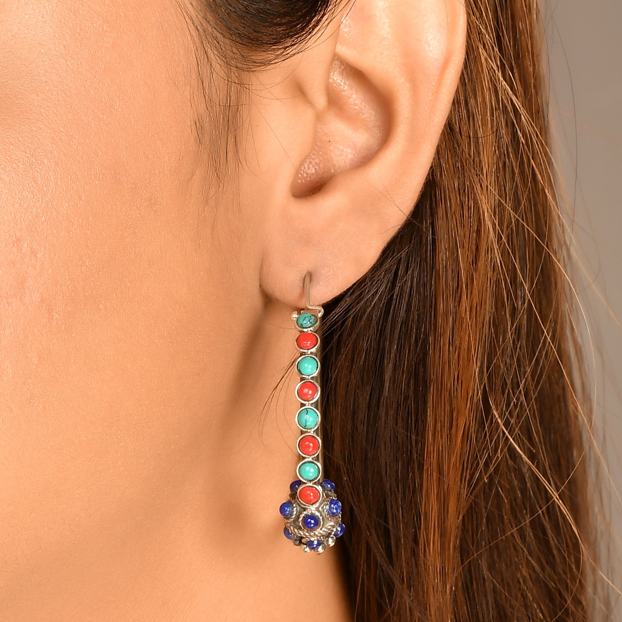 Multi stone silver hoops - 925 Silver Jewellery Meera Jaipur