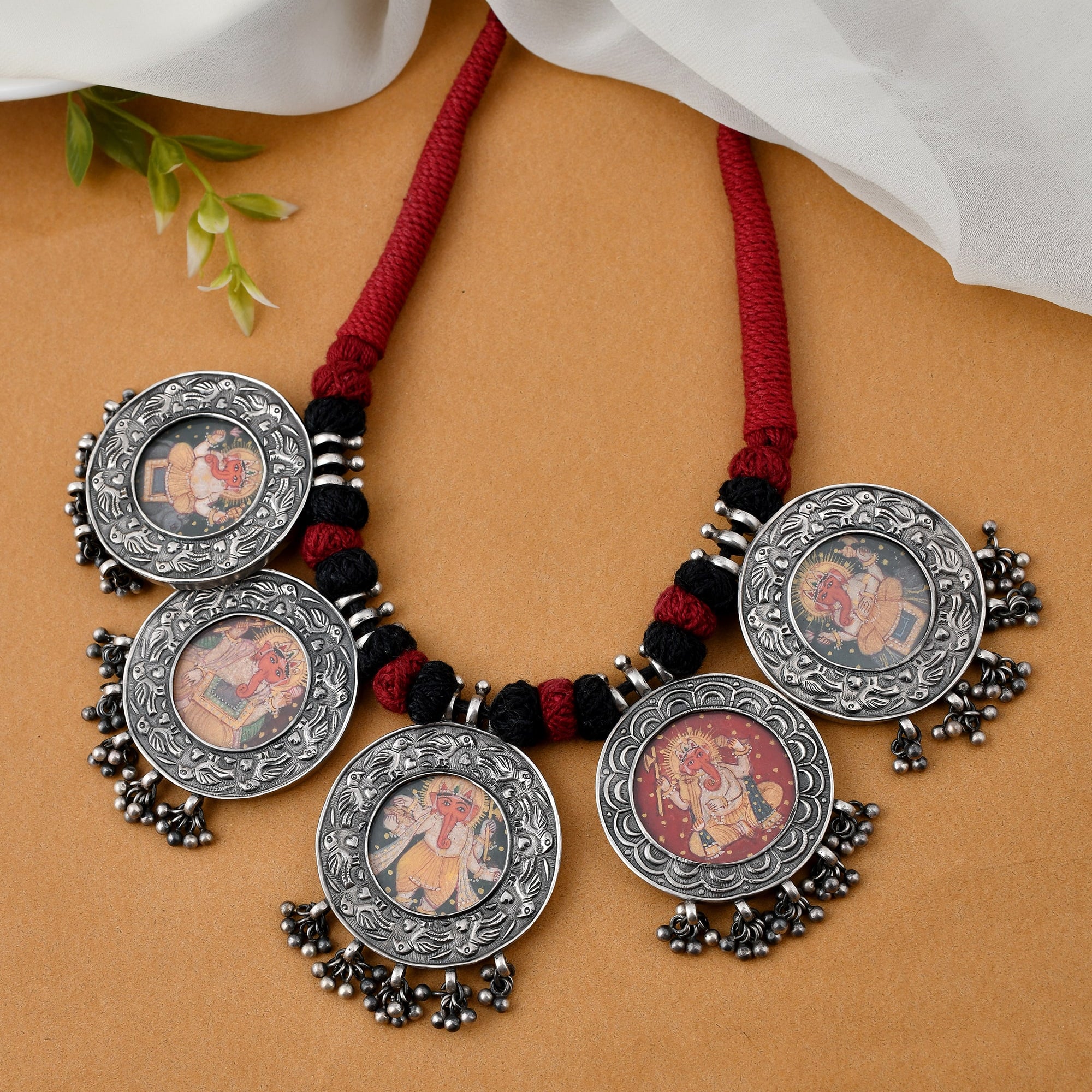 Ganesha painting silver necklace - 925 Silver Jewellery Meera Jaipur