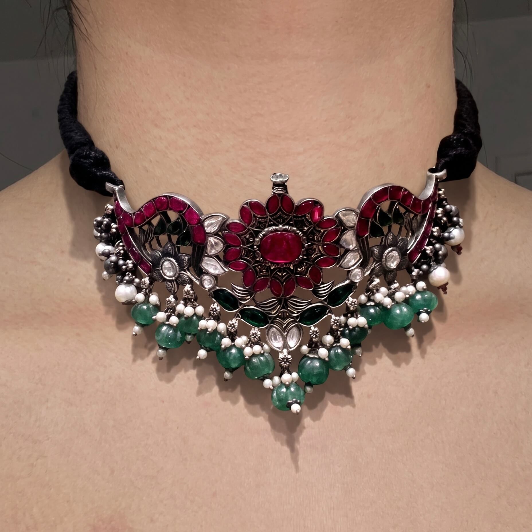 Charvi Navratan Silver Choker