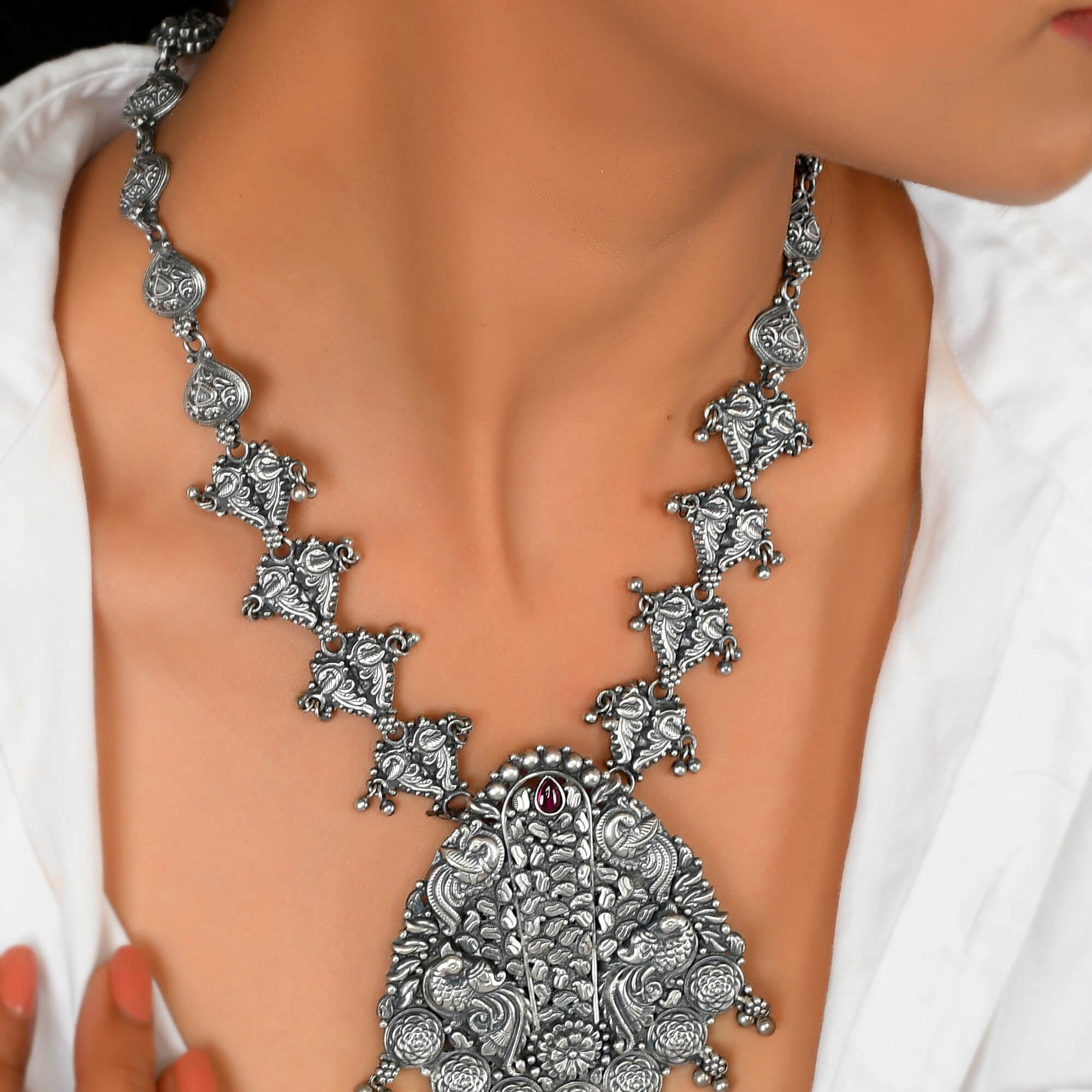 Temple made Silver necklace - 925 Silver Jewellery Meera Jaipur