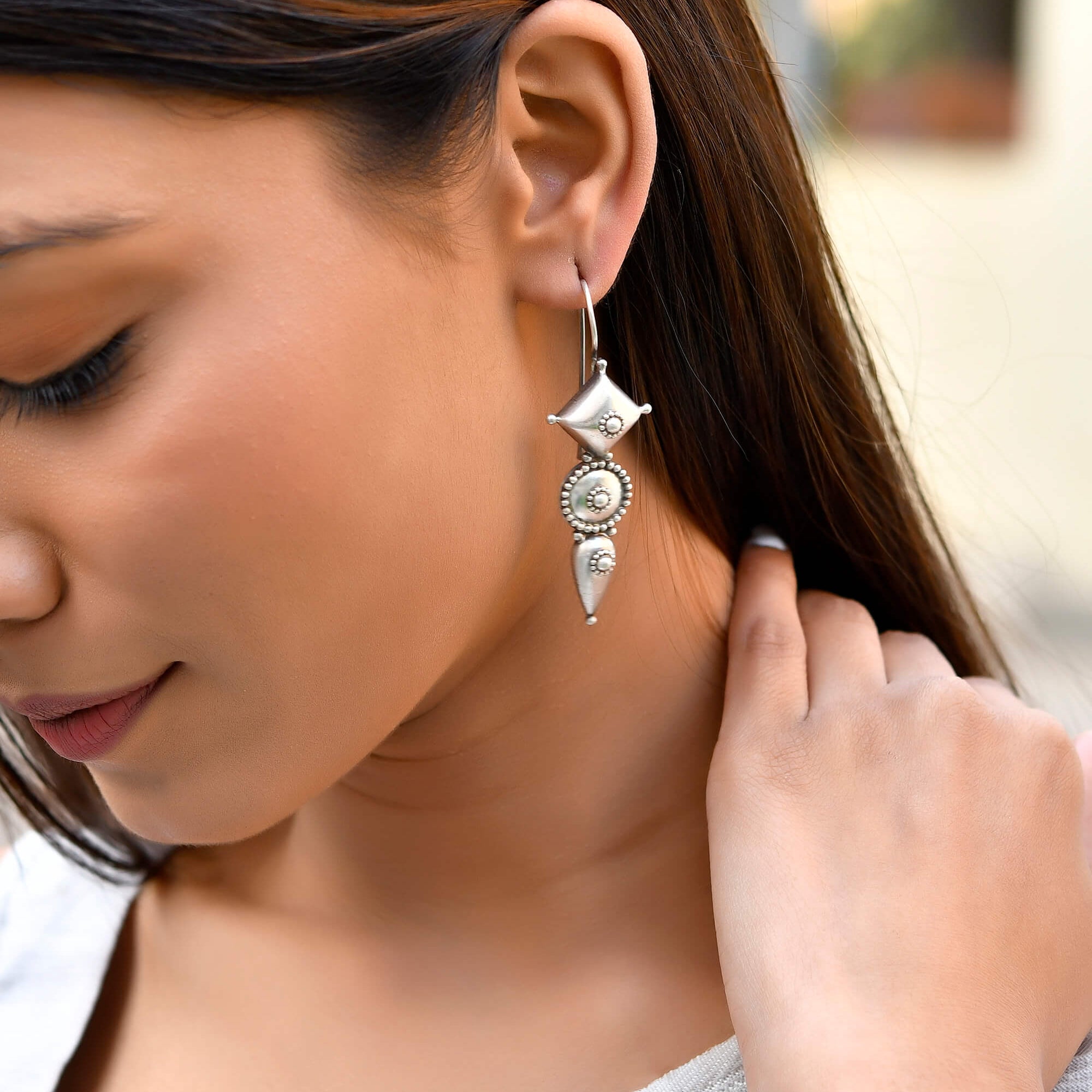 Long Tribal Silver Earrings - 925 Silver Jewellery Meera Jaipur