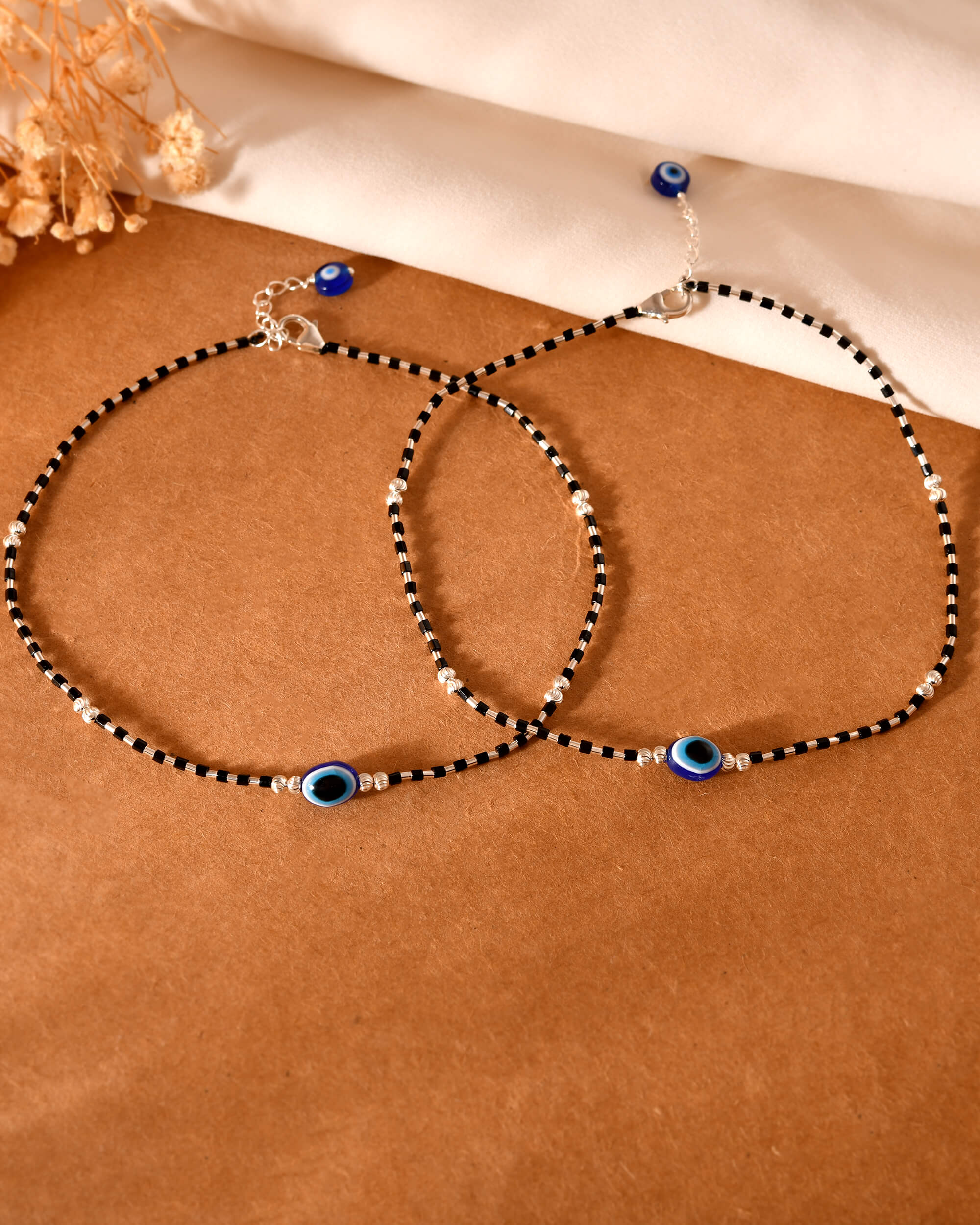 Evil Eye Bead Silver Anklet - 925 Silver Jewellery Meera Jaipur