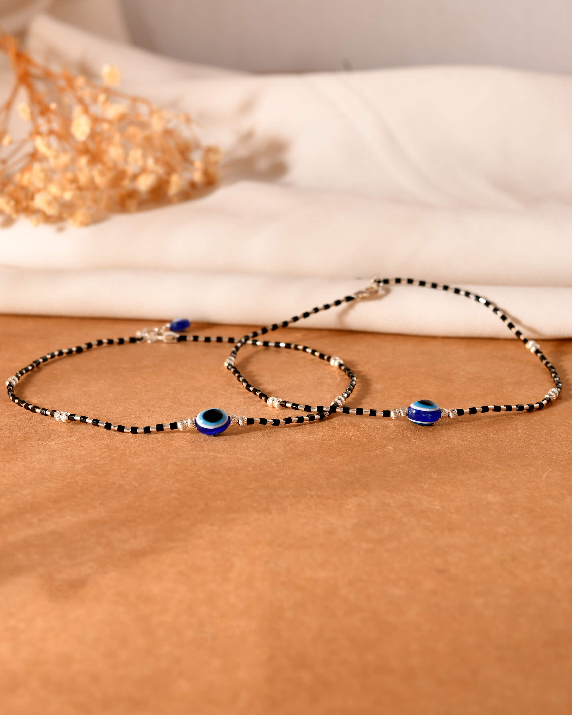 Evil Eye Bead Silver Anklet - 925 Silver Jewellery Meera Jaipur
