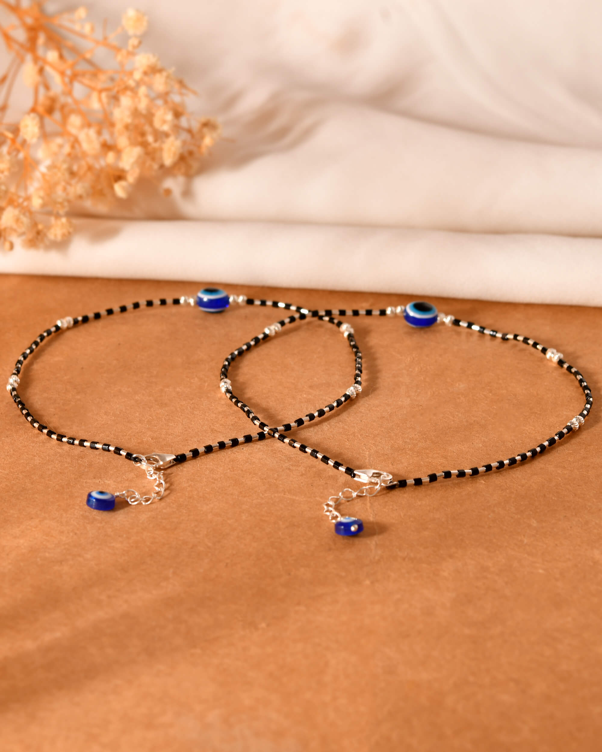 Evil Eye Bead Silver Anklet - 925 Silver Jewellery Meera Jaipur