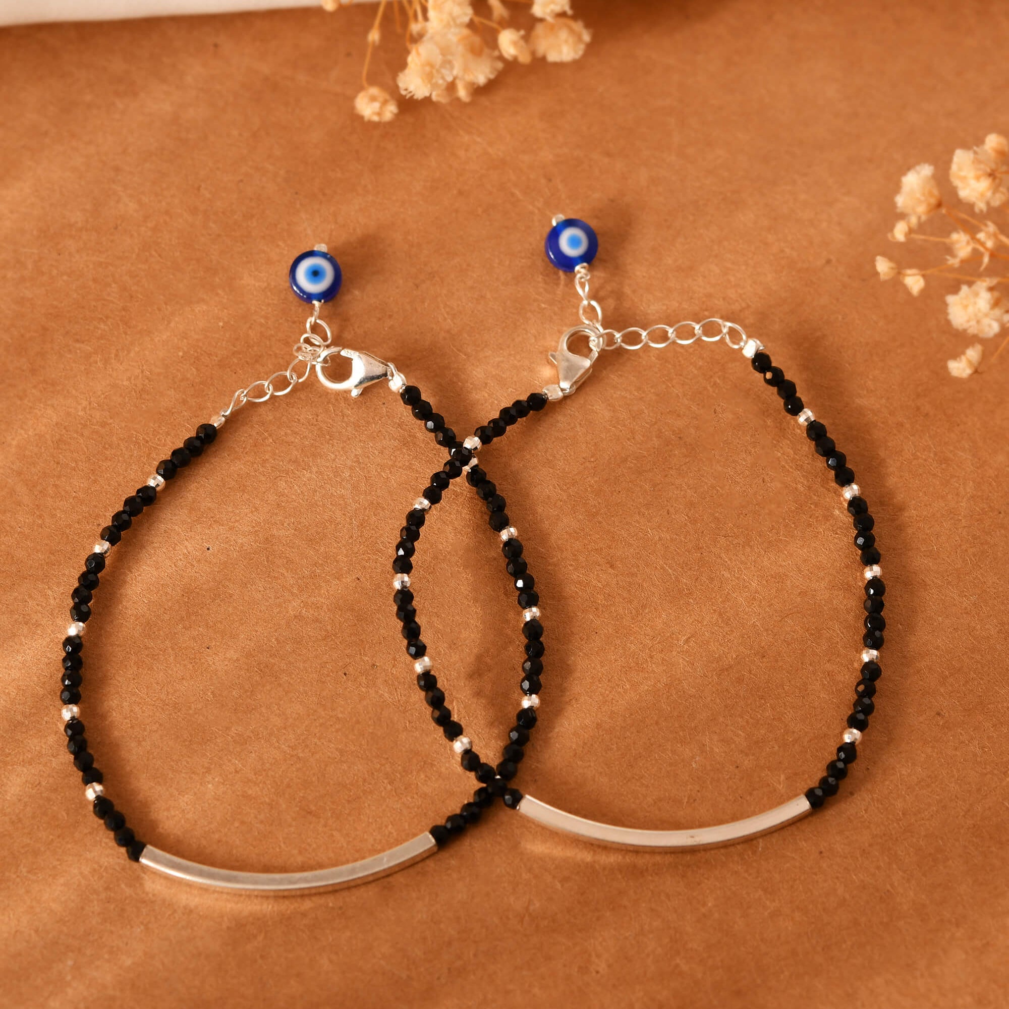 Black Bead Silver Bar Bracelets - 925 Silver Jewellery Meera Jaipur