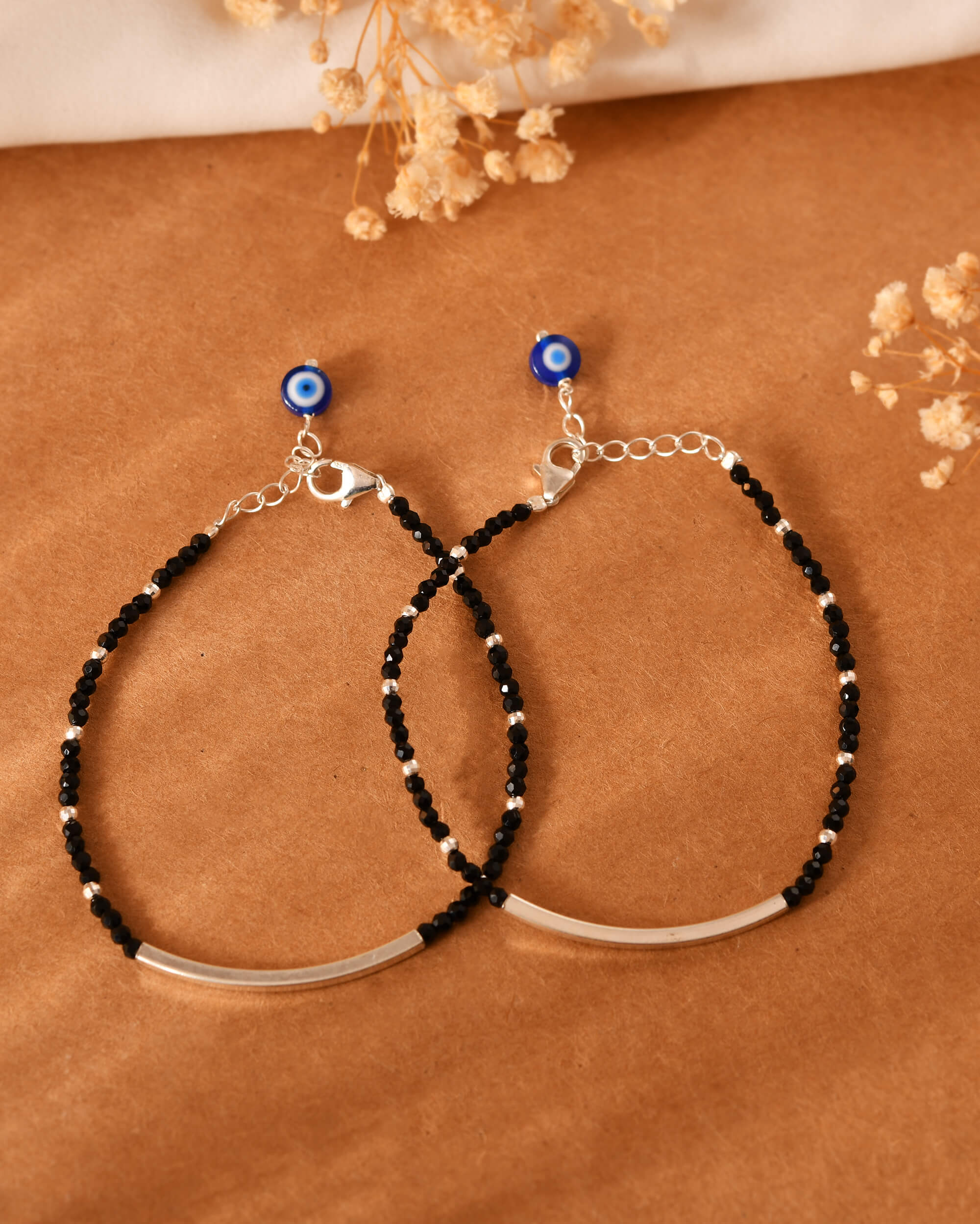 Black Bead Silver Bar Bracelets - 925 Silver Jewellery Meera Jaipur