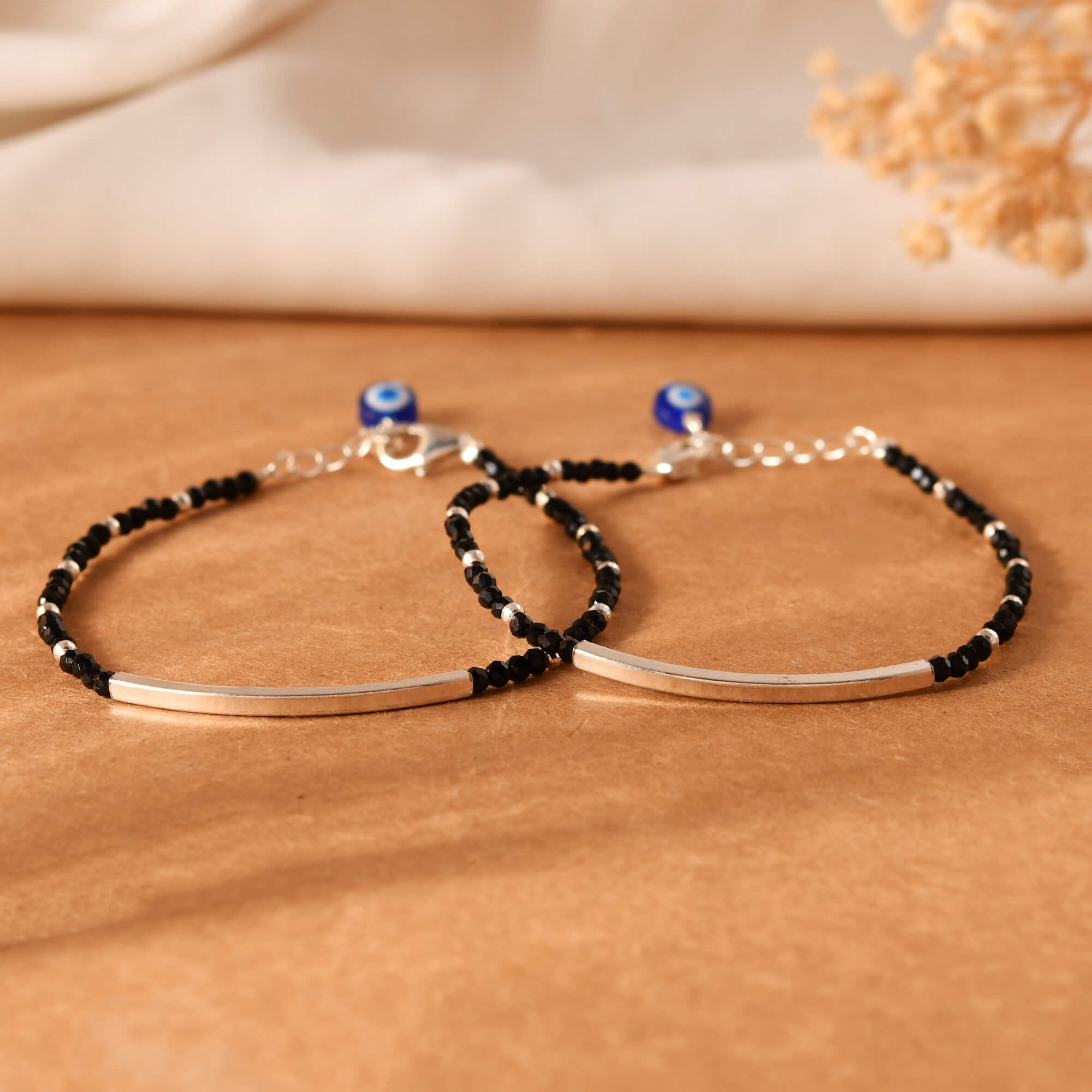 Black Bead Silver Bar Bracelets - 925 Silver Jewellery Meera Jaipur