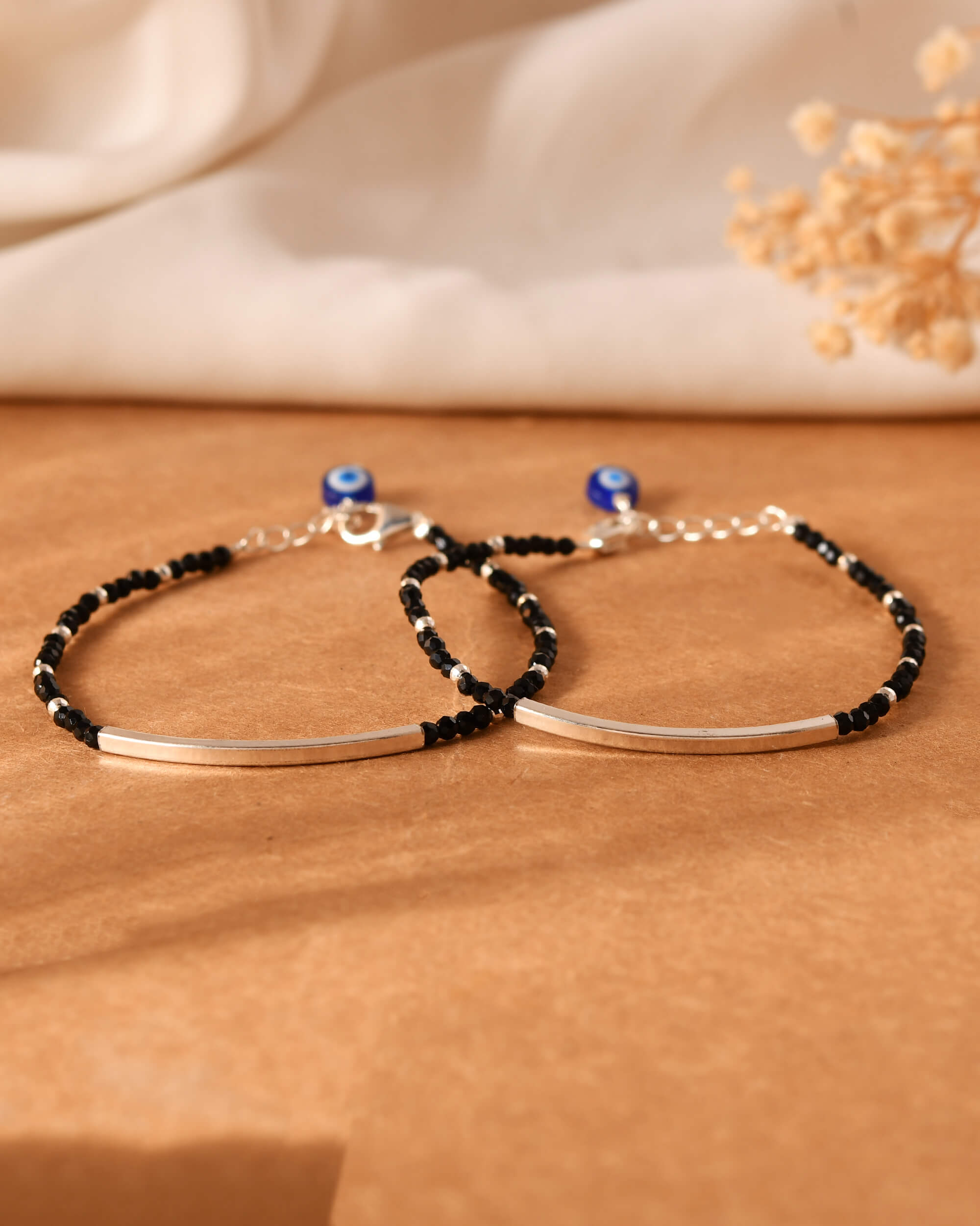 Black Bead Silver Bar Bracelets - 925 Silver Jewellery Meera Jaipur