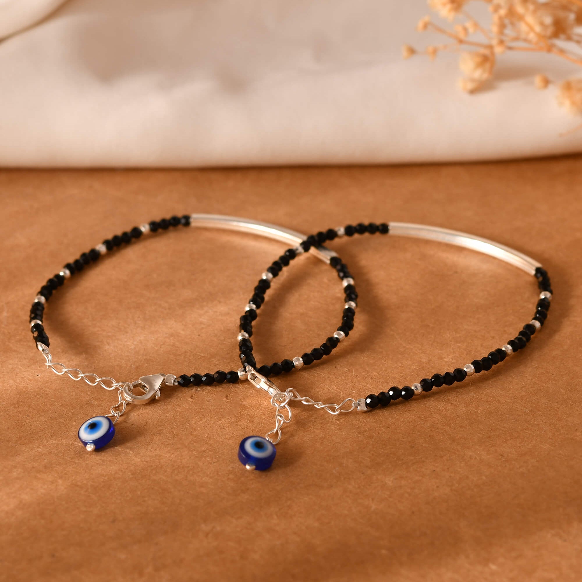 Black Bead Silver Bar Bracelets - 925 Silver Jewellery Meera Jaipur