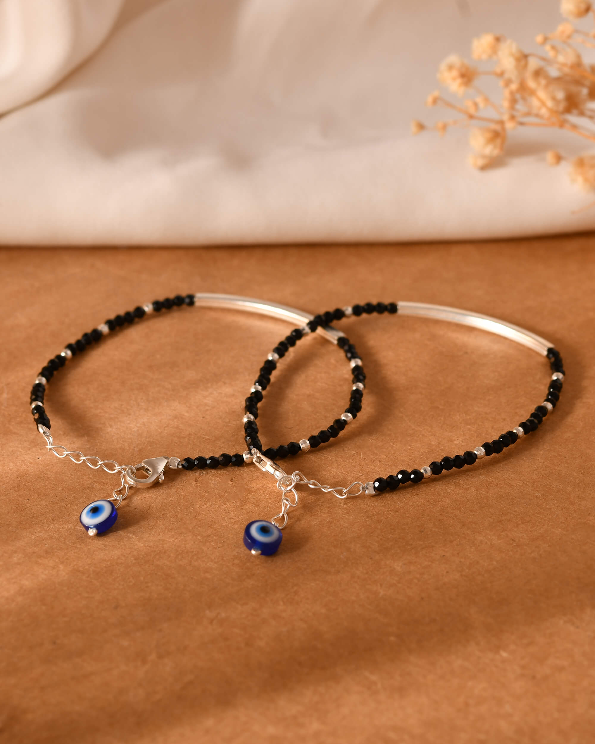 Black Bead Silver Bar Bracelets - 925 Silver Jewellery Meera Jaipur