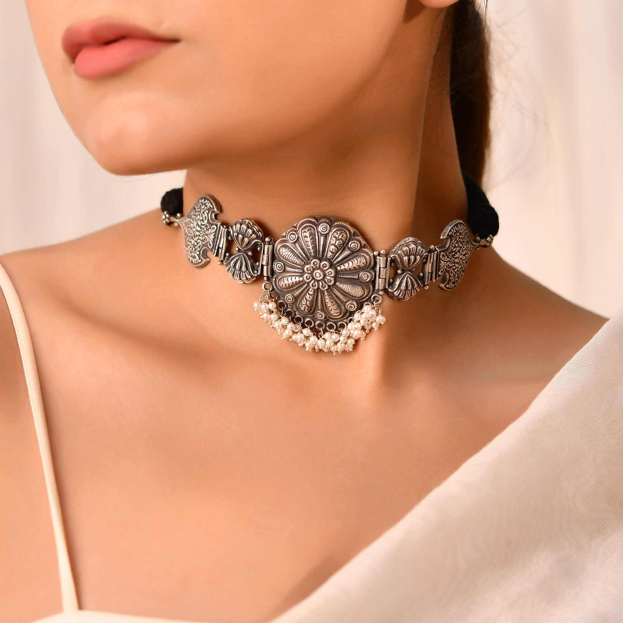 Silver Floral Choker with Pearl Drops - 925 Silver Jewellery Meera Jaipur