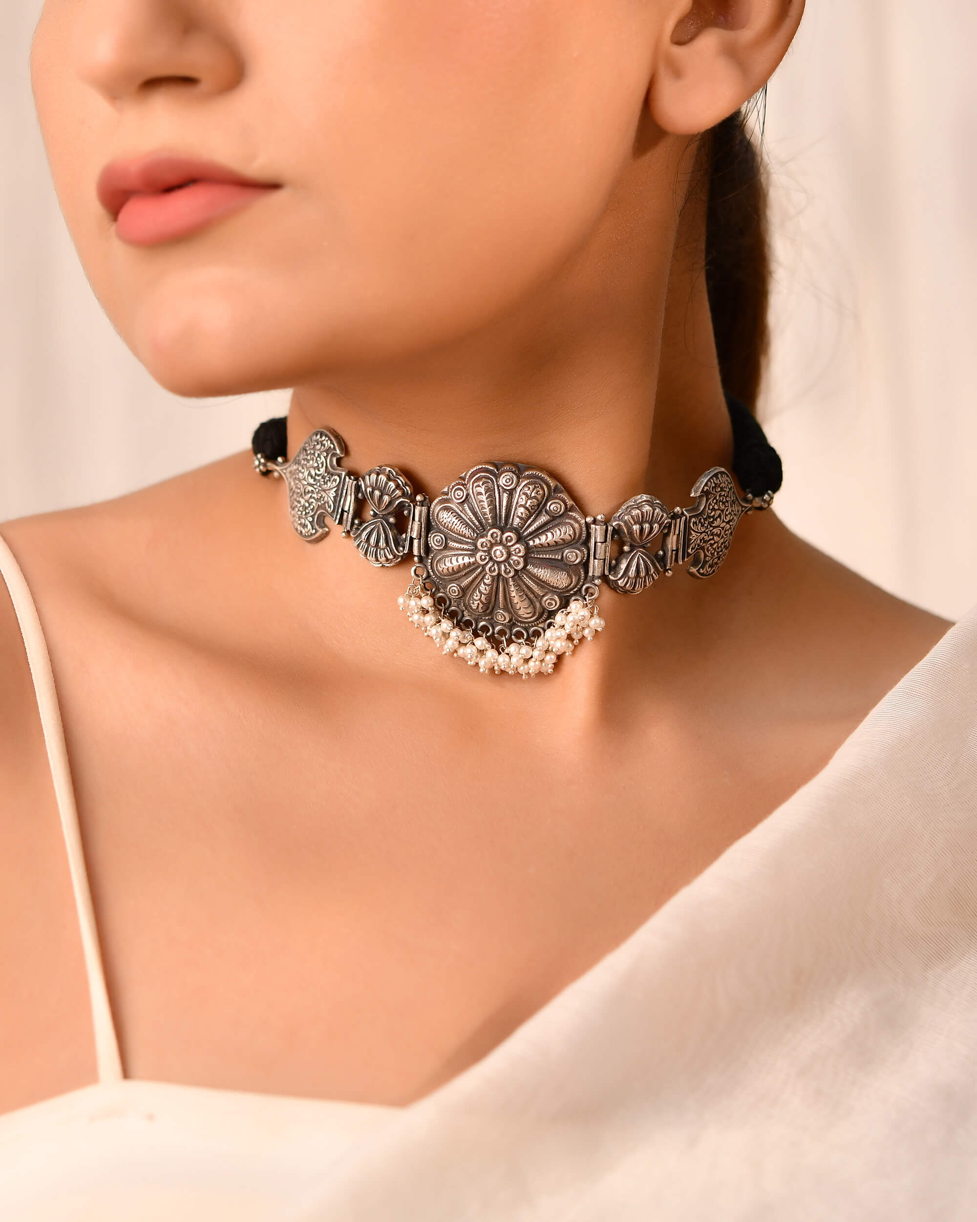 Silver Floral Choker with Pearl Drops - 925 Silver Jewellery Meera Jaipur