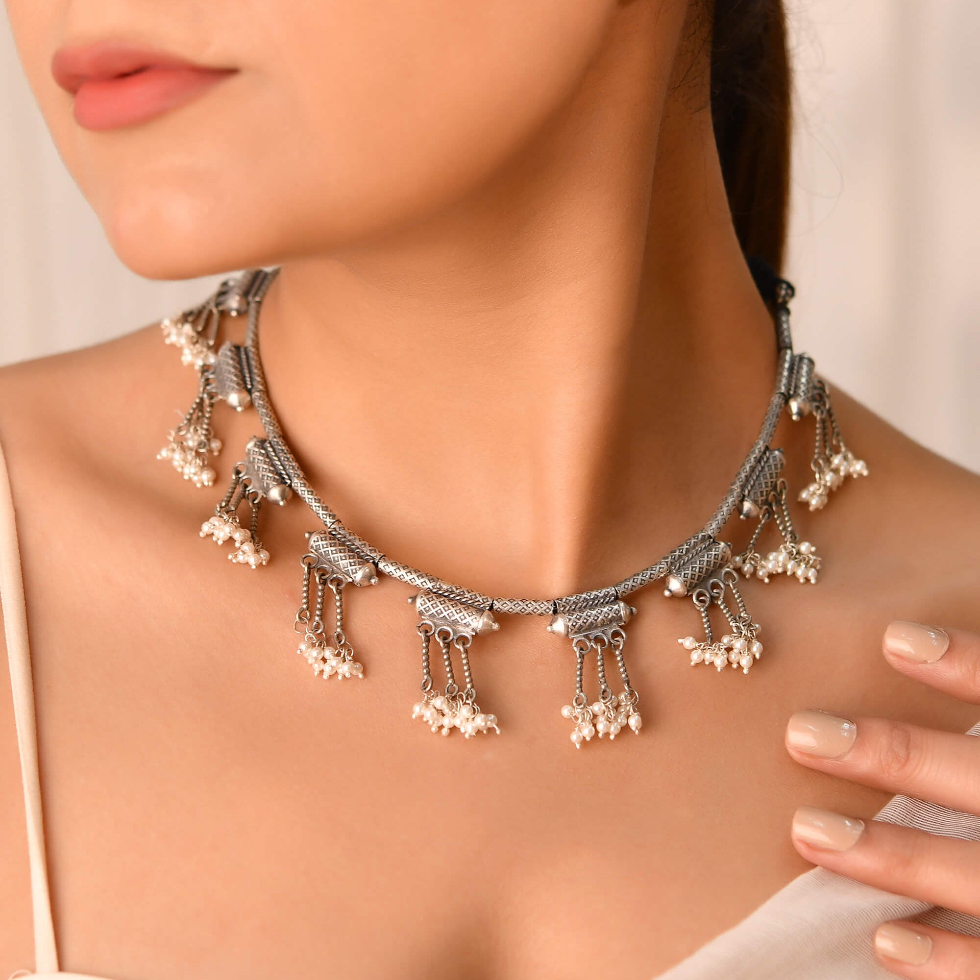 Silver Pearl Drop Choker Necklace - 925 Silver Jewellery Meera Jaipur