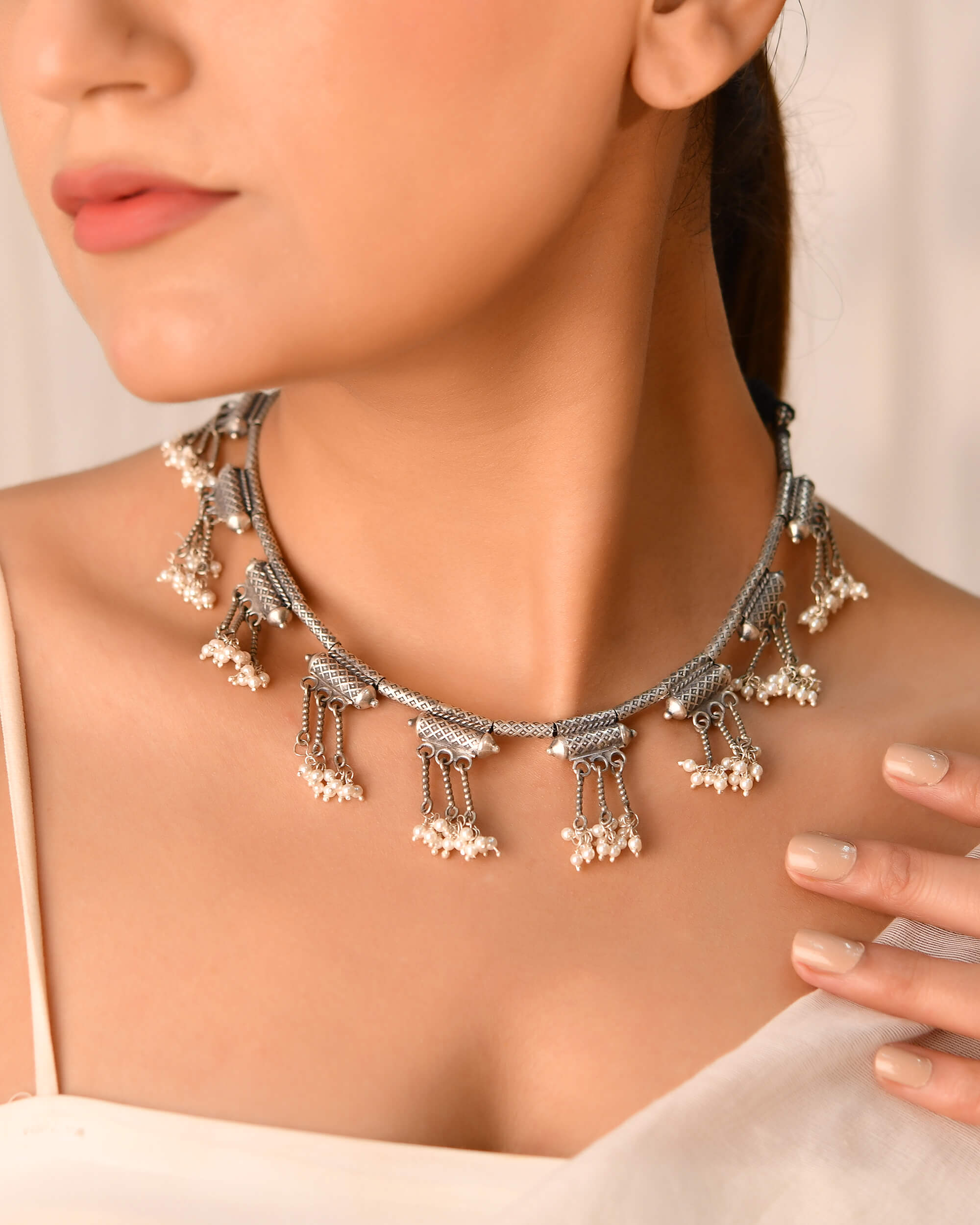 Silver Pearl Drop Choker Necklace - 925 Silver Jewellery Meera Jaipur