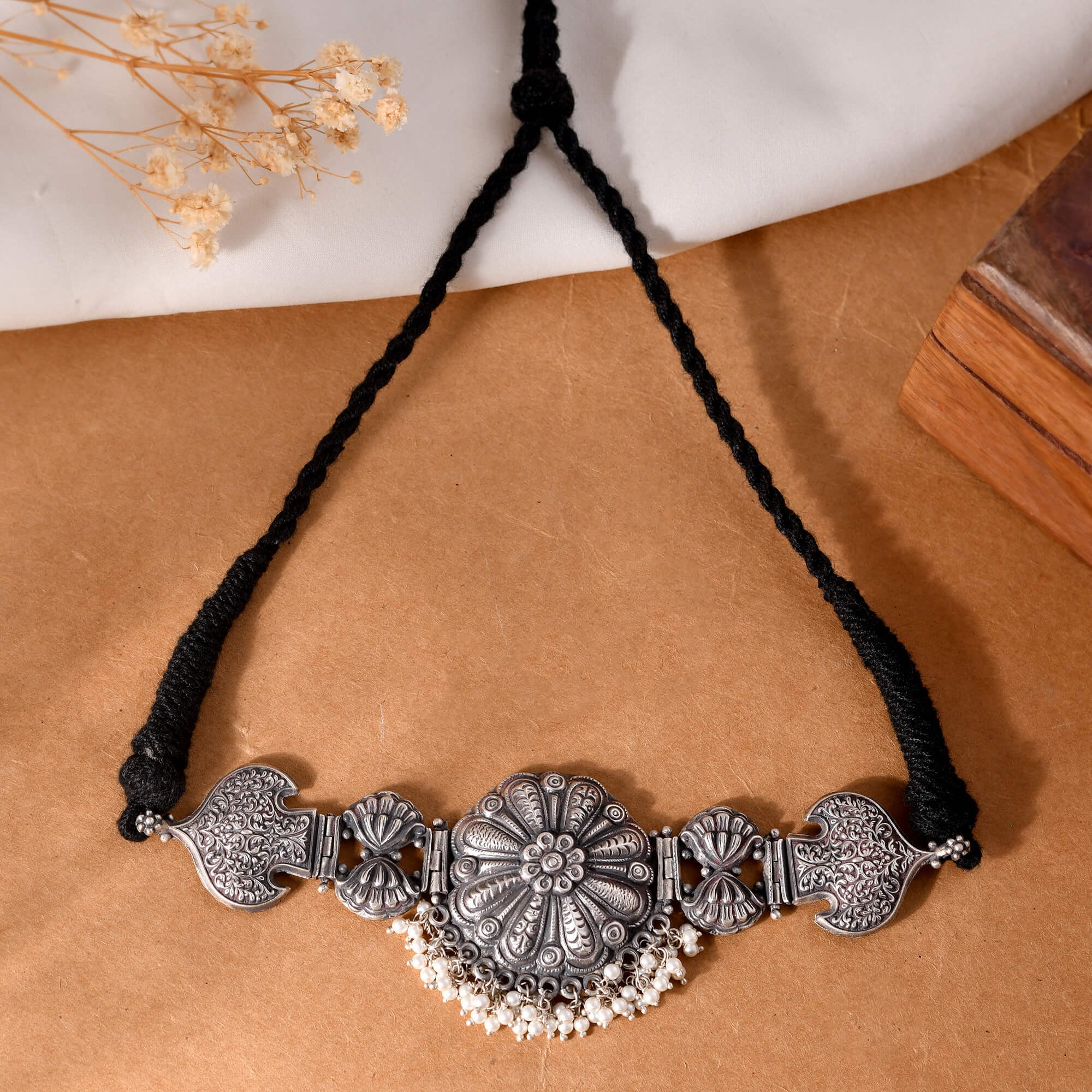 Silver Floral Choker with Pearl Drops - 925 Silver Jewellery Meera Jaipur