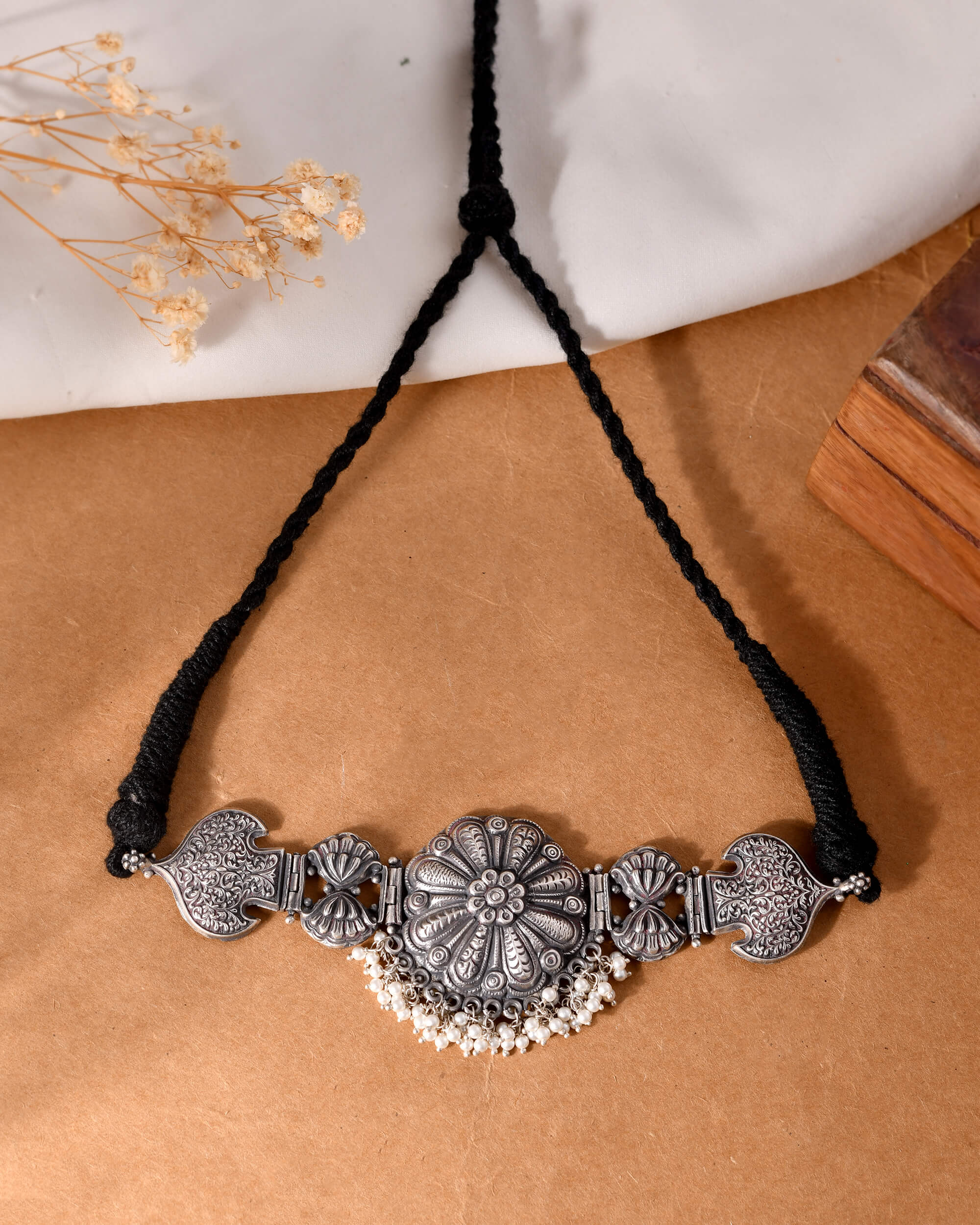 Silver Floral Choker with Pearl Drops - 925 Silver Jewellery Meera Jaipur