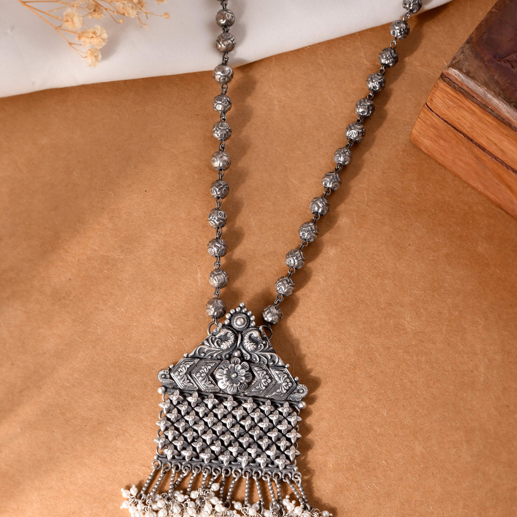 Silver Long Necklace with Pearl Drops - 925 Silver Jewellery Meera Jaipur