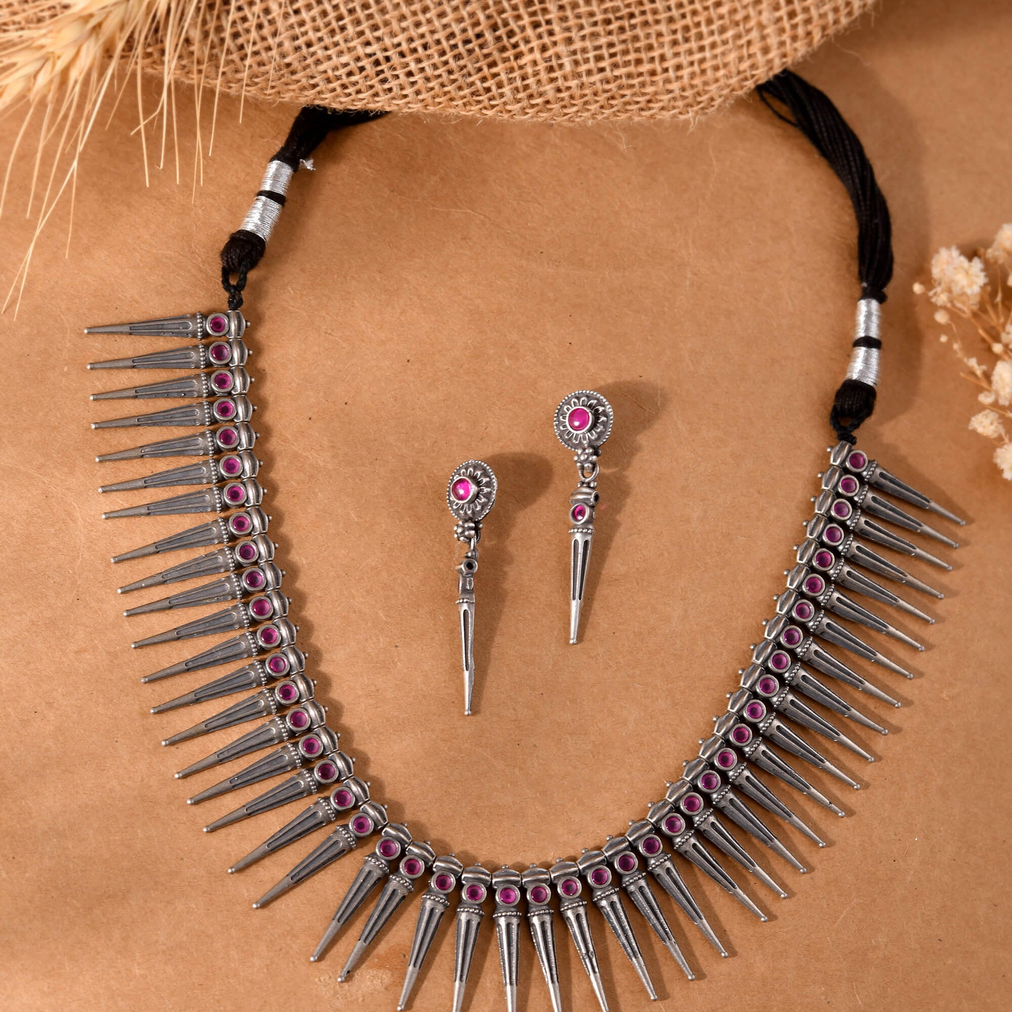 Trikon Silver Necklace with Pink Stones - 925 Silver Jewellery Meera Jaipur