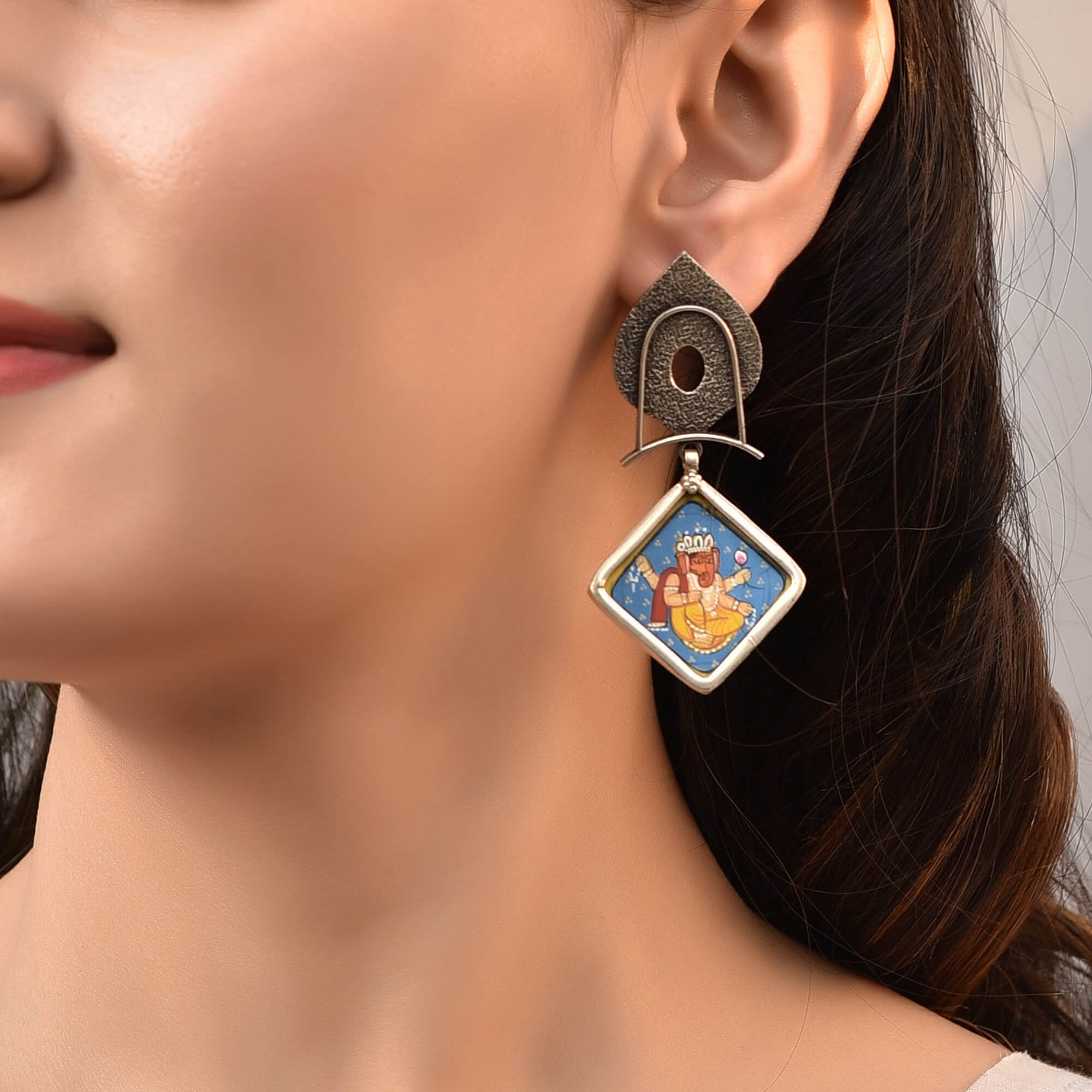 Ganesha Painting Silver Earrings - 925 Silver Jewellery Meera Jaipur