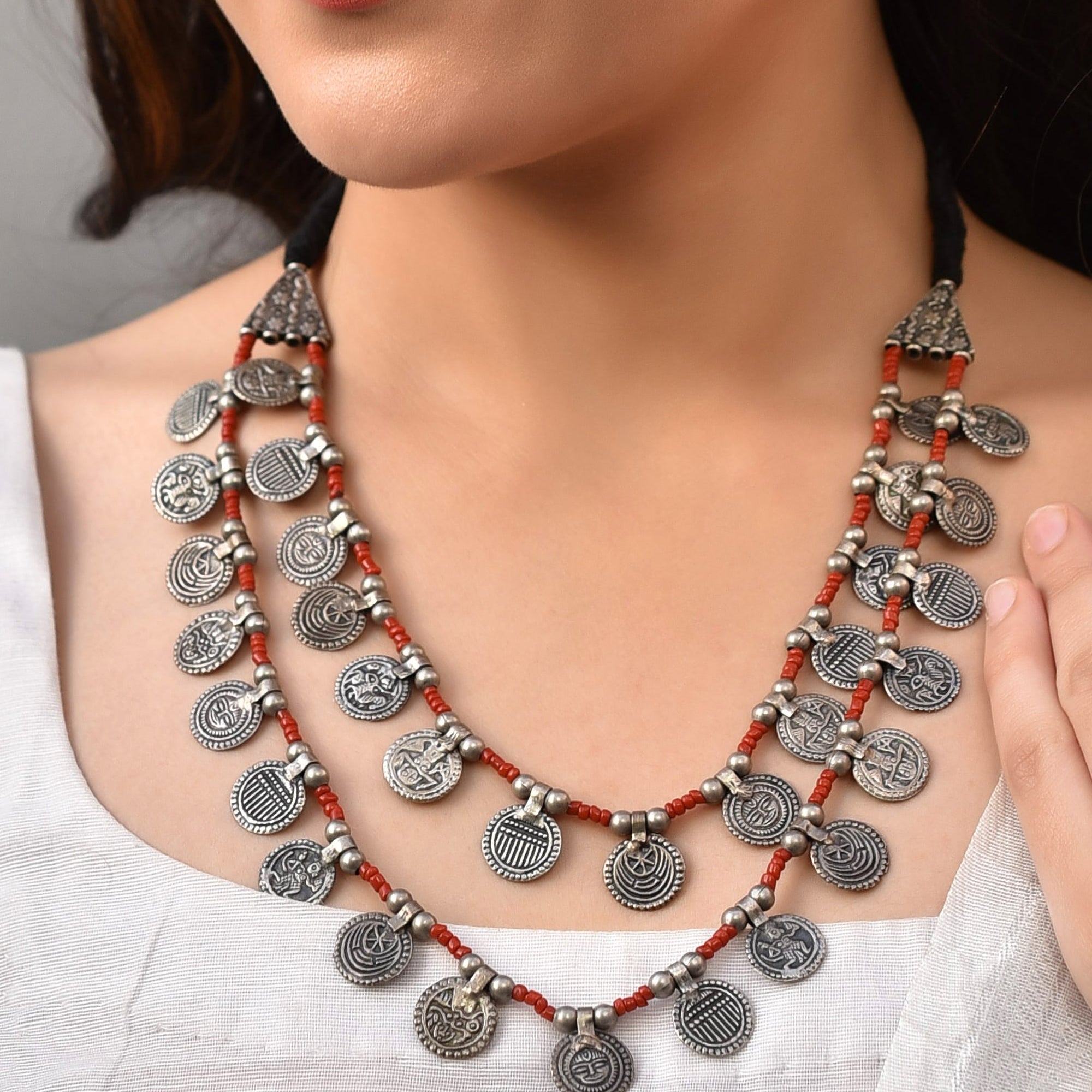 Laal Coral Silver Necklace - 925 Silver Jewellery Meera Jaipur