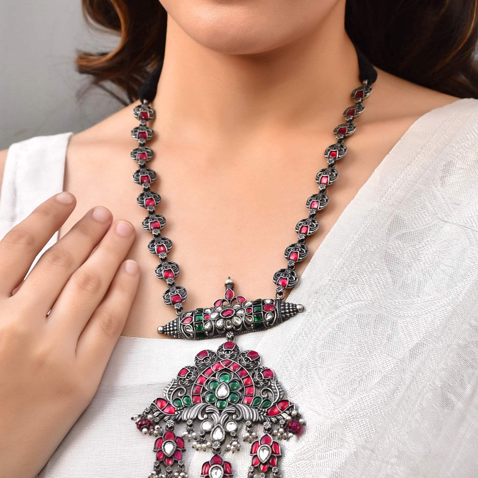 Tribal silver necklace with colour stones - 925 Silver Jewellery Meera Jaipur