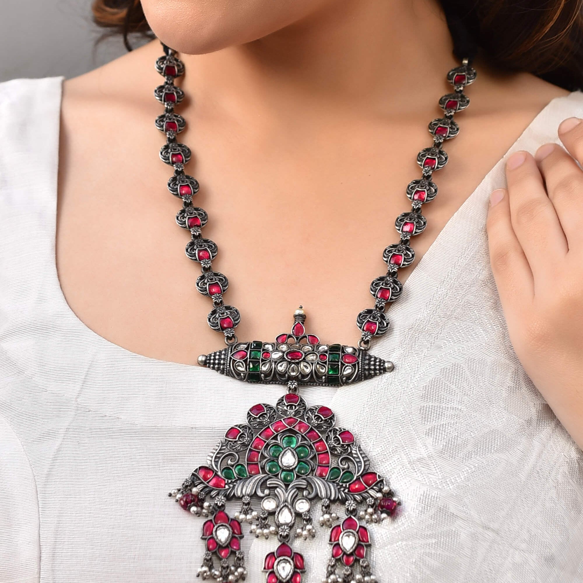 Tribal silver necklace with colour stones - 925 Silver Jewellery Meera Jaipur