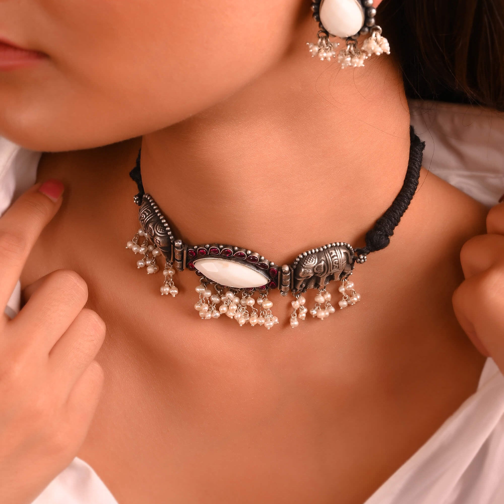 Hathi Silver Choker With Earrings - 925 Silver Jewellery Meera Jaipur