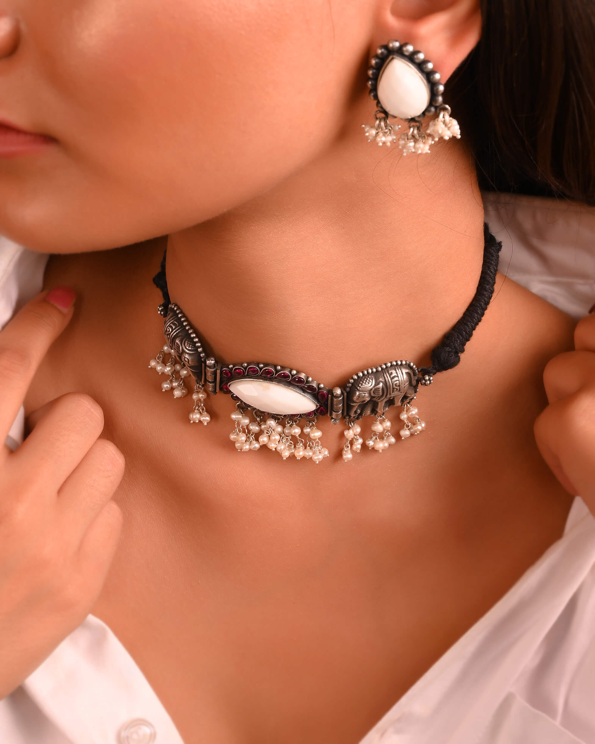Hathi Silver Choker With Earrings - 925 Silver Jewellery Meera Jaipur