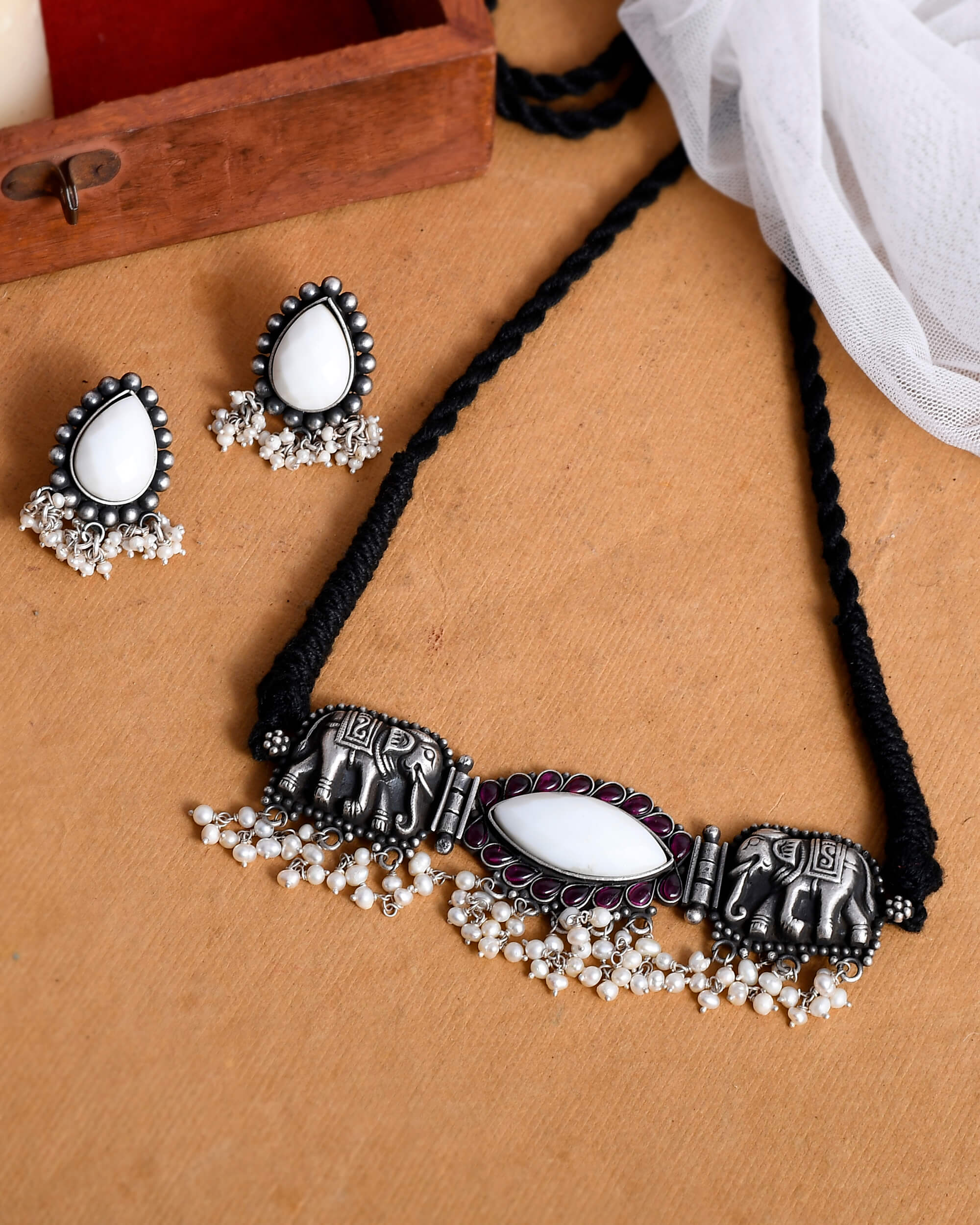 Hathi Silver Choker With Earrings - 925 Silver Jewellery Meera Jaipur