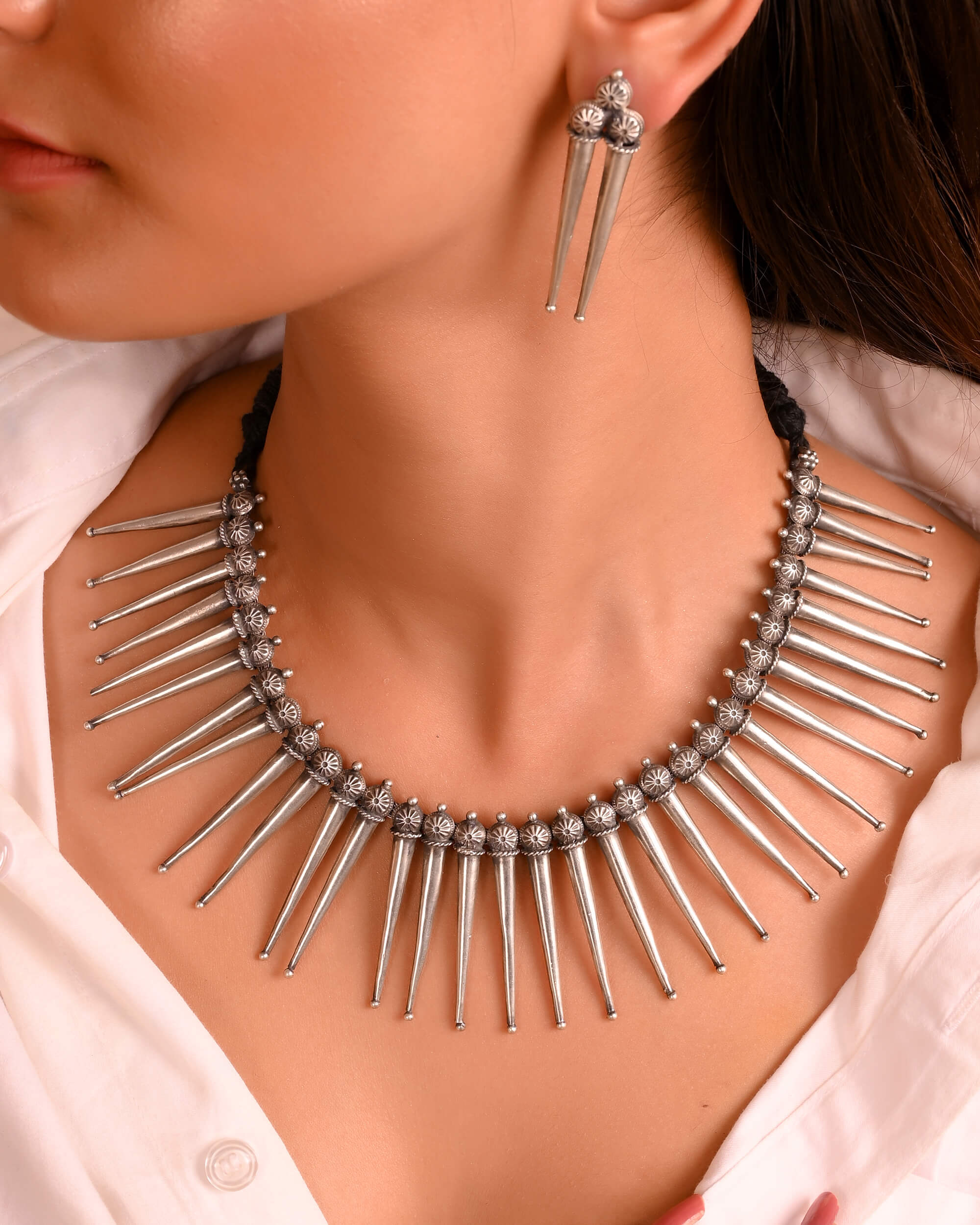 Tribal Silver Necklace With Earrings - 925 Silver Jewellery Meera Jaipur