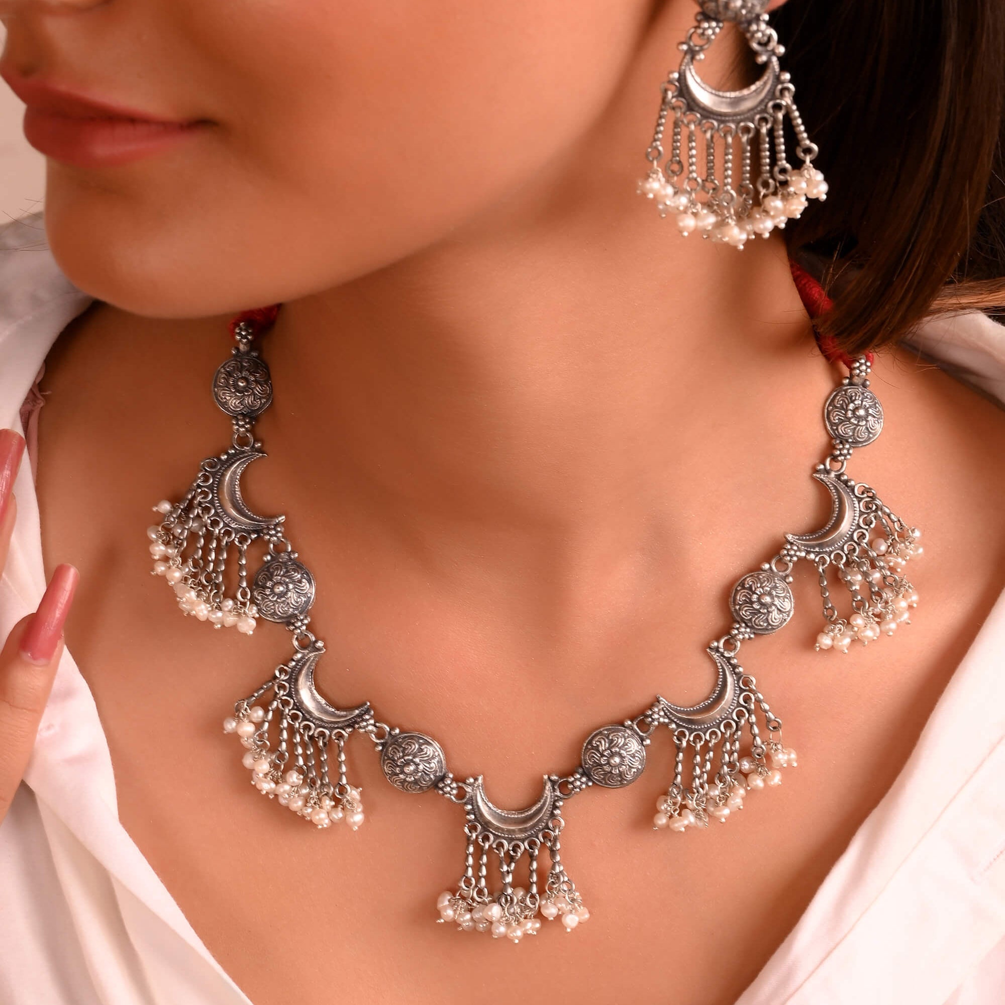 Pearl Silver Necklace With Earrings - 925 Silver Jewellery Meera Jaipur