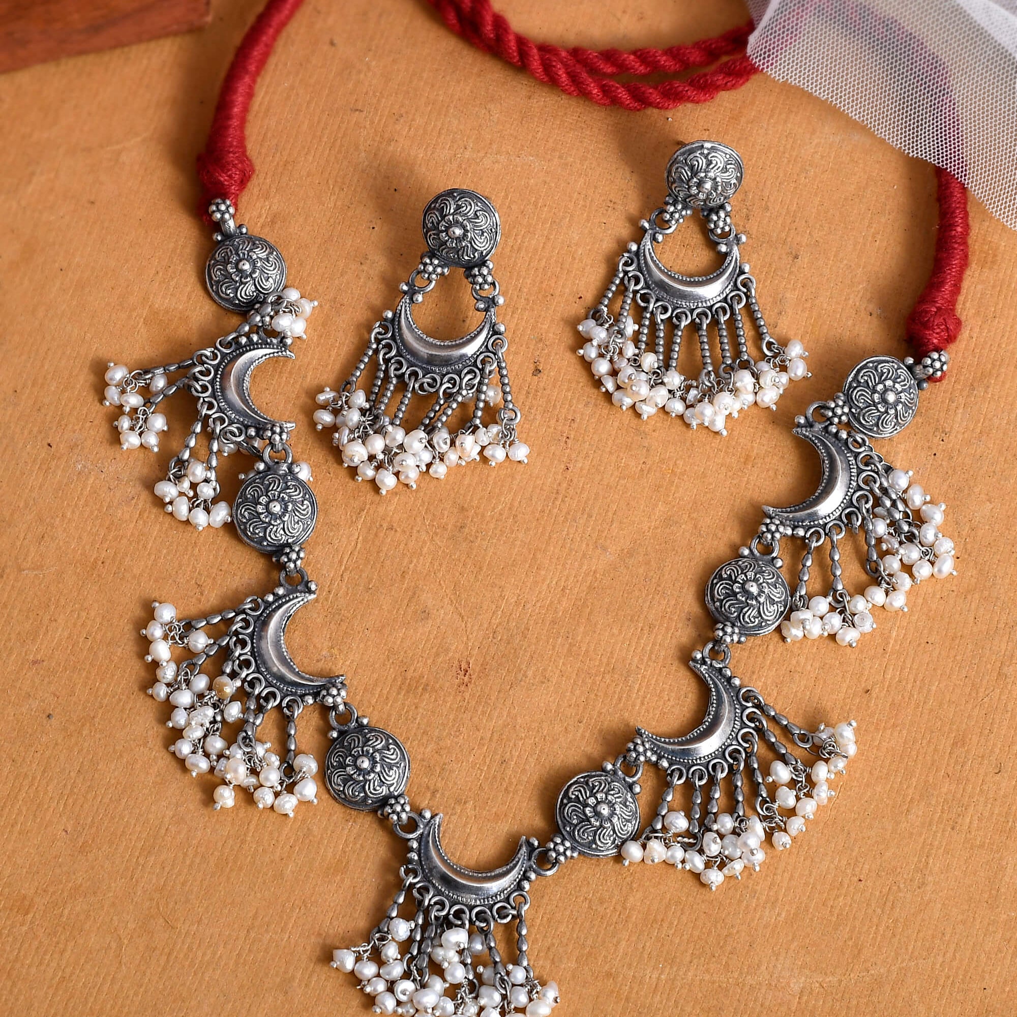 Pearl Silver Necklace With Earrings - 925 Silver Jewellery Meera Jaipur