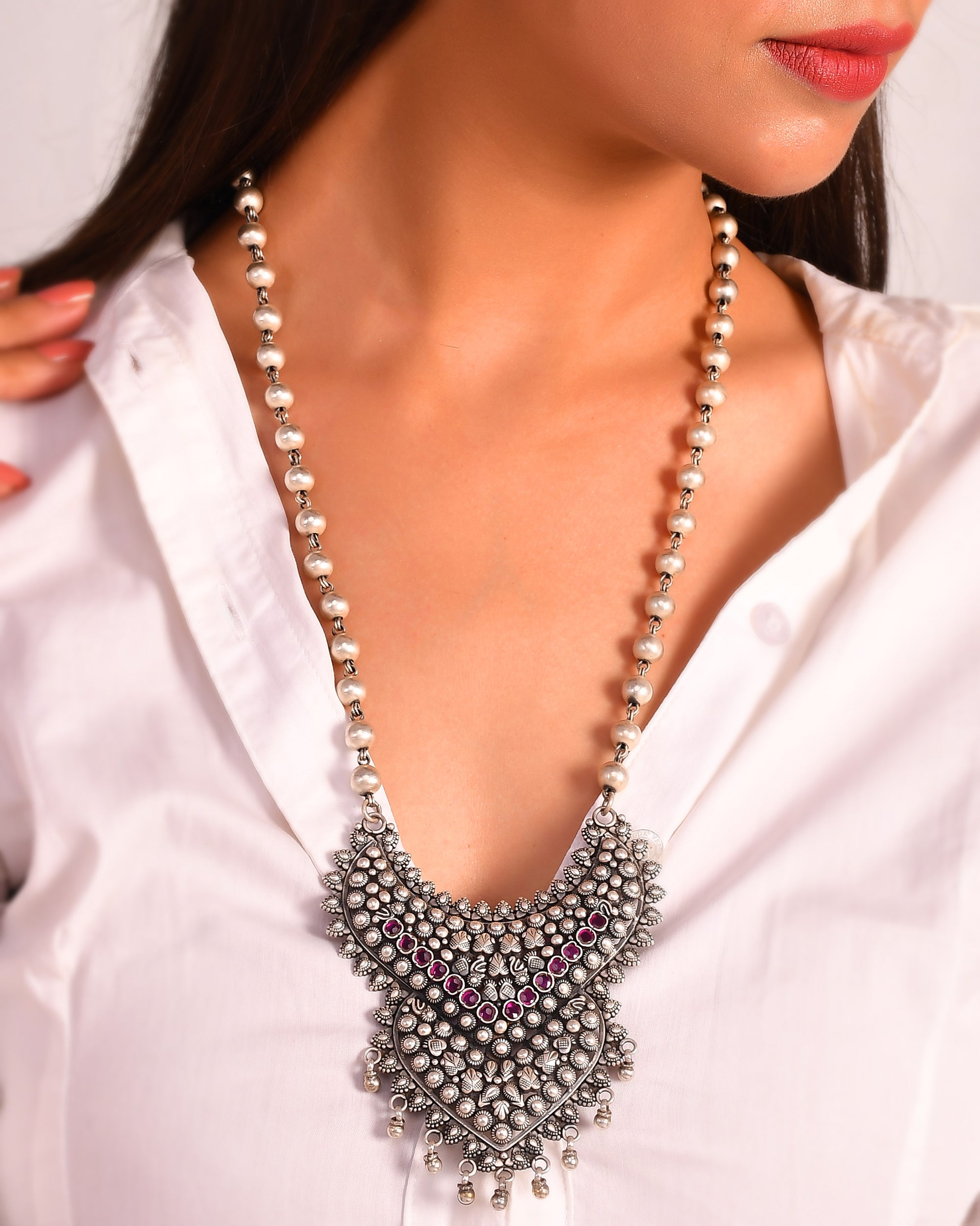 Tilaka long necklace - 925 Silver Jewellery Meera Jaipur