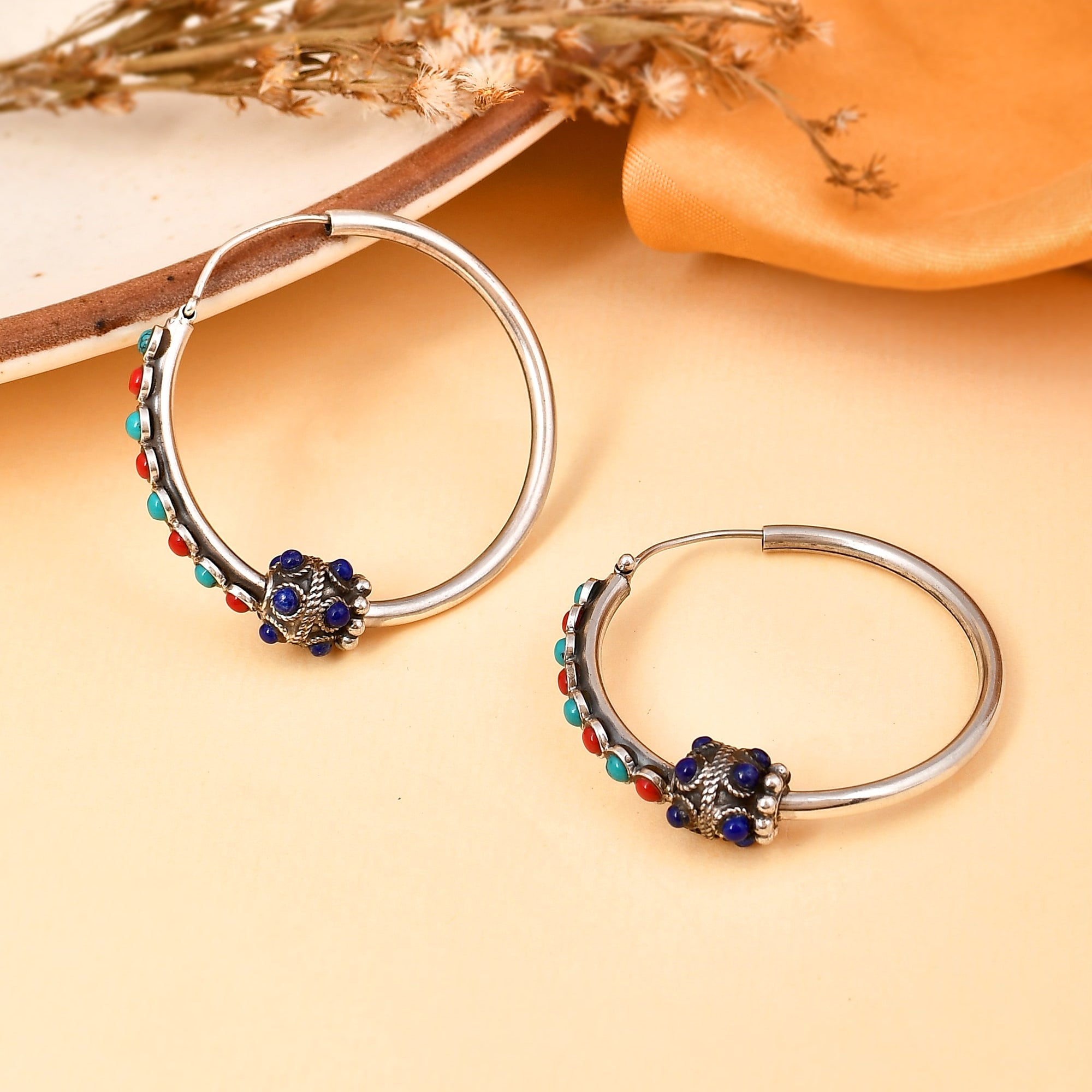 Multi stone silver hoops - 925 Silver Jewellery Meera Jaipur