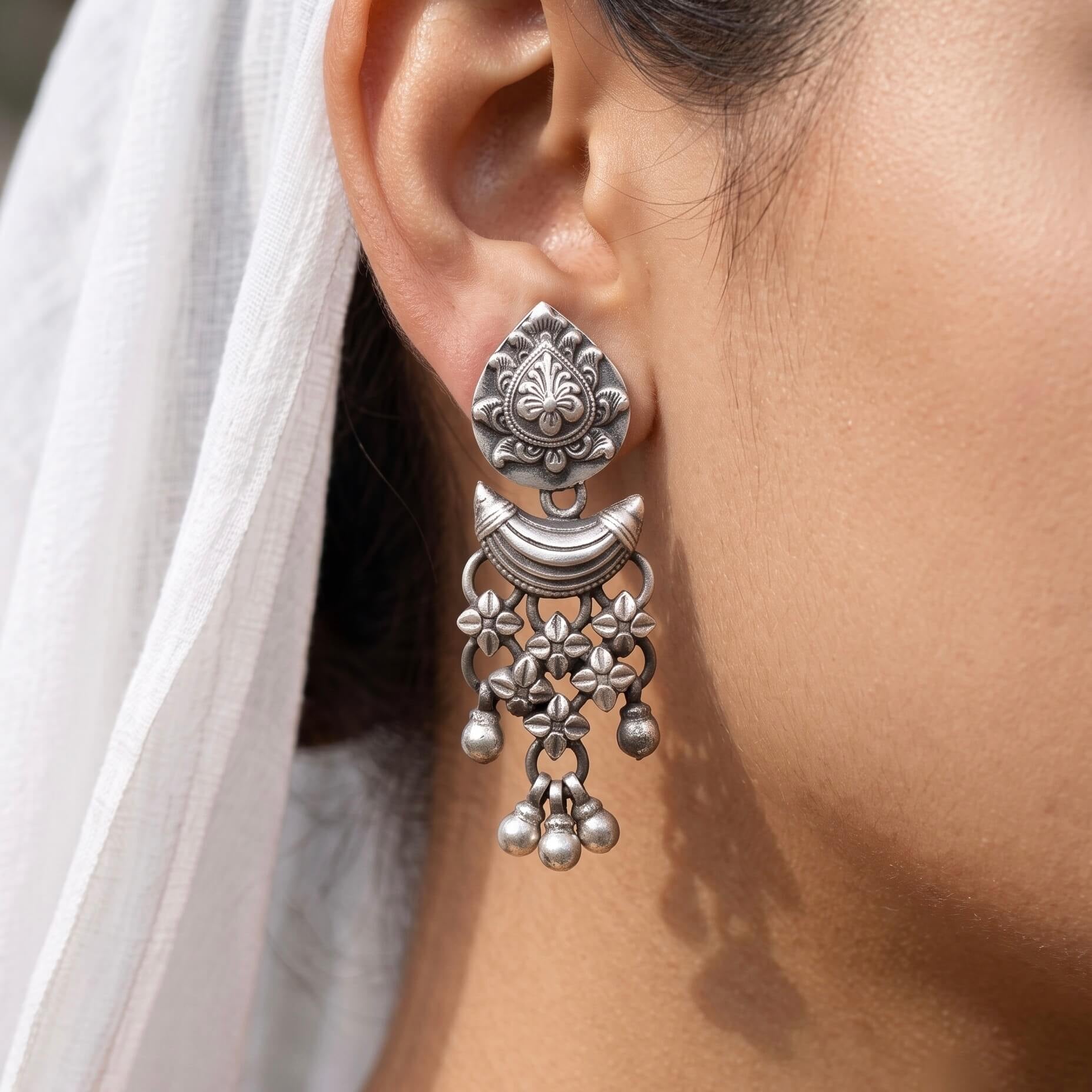Mohini Flower Silver Earring