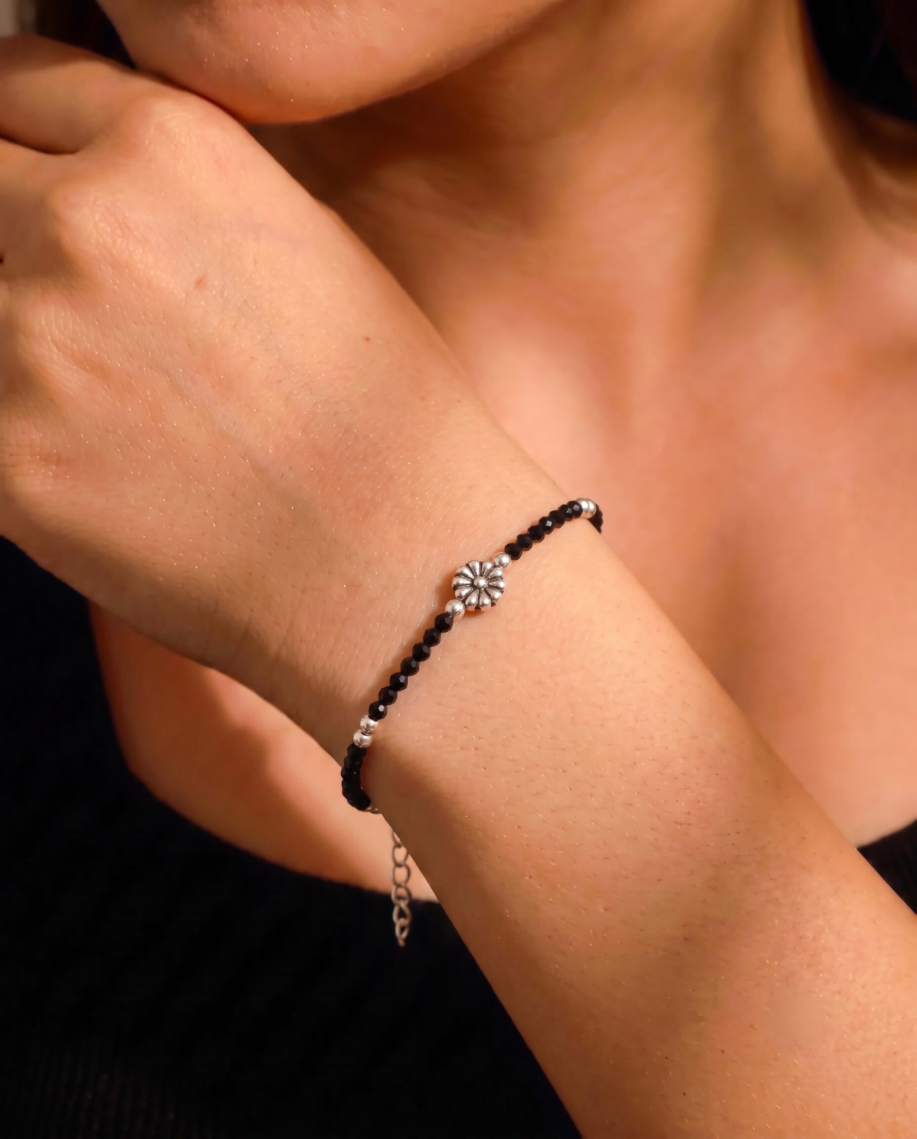 Floral Black Bead Silver Bracelet 925 sterling silver meera jaipur
