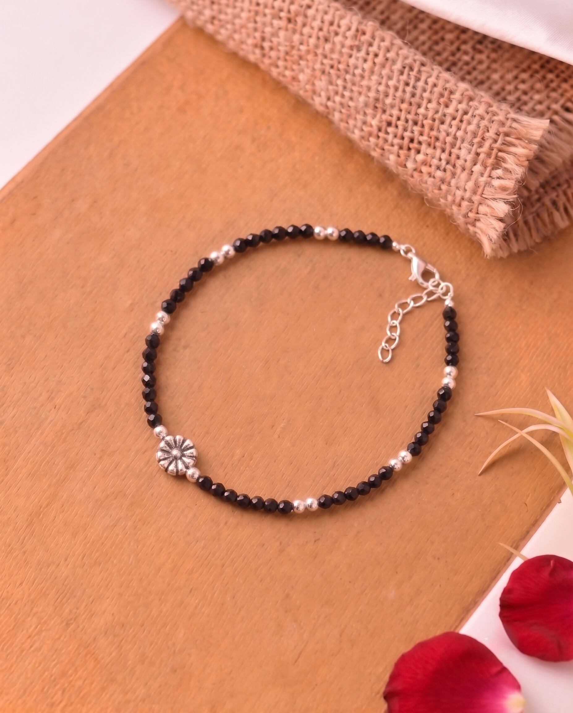Floral Black Bead Silver Bracelet 925 sterling silver meera jaipur