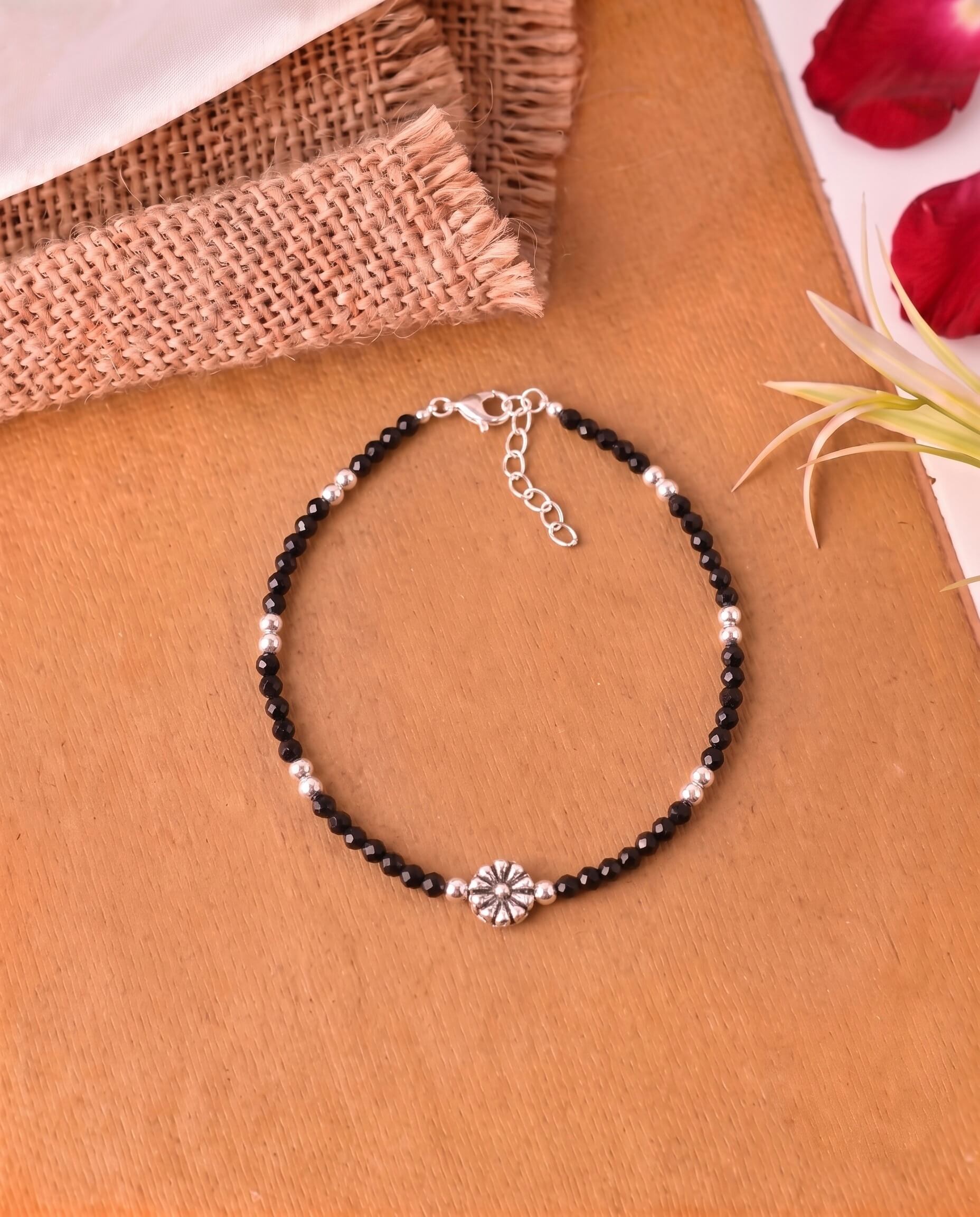 Floral Black Bead Silver Bracelet 925 sterling silver meera jaipur 