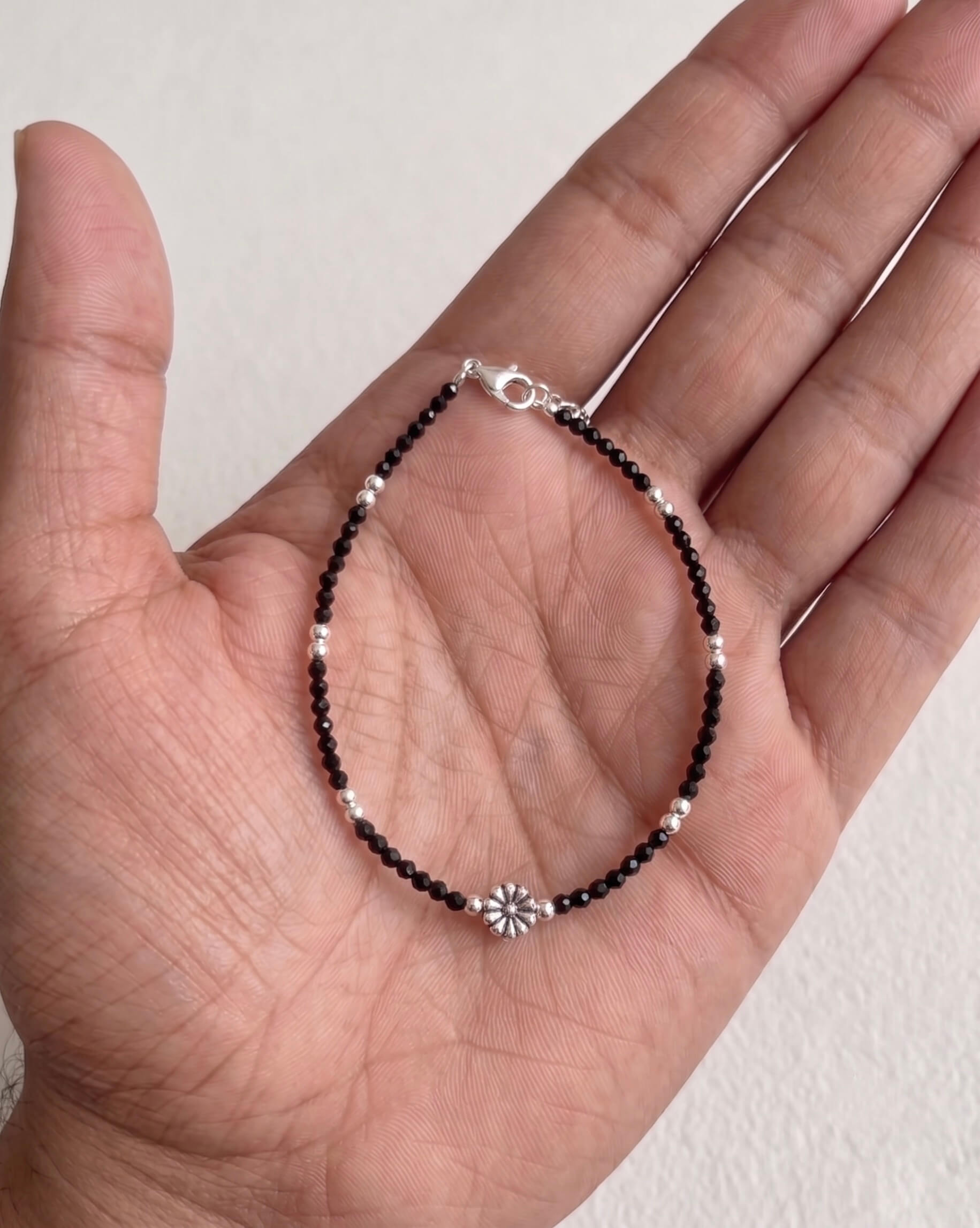 Floral Black Bead Silver Bracelet 925 sterling silver meera jaipur