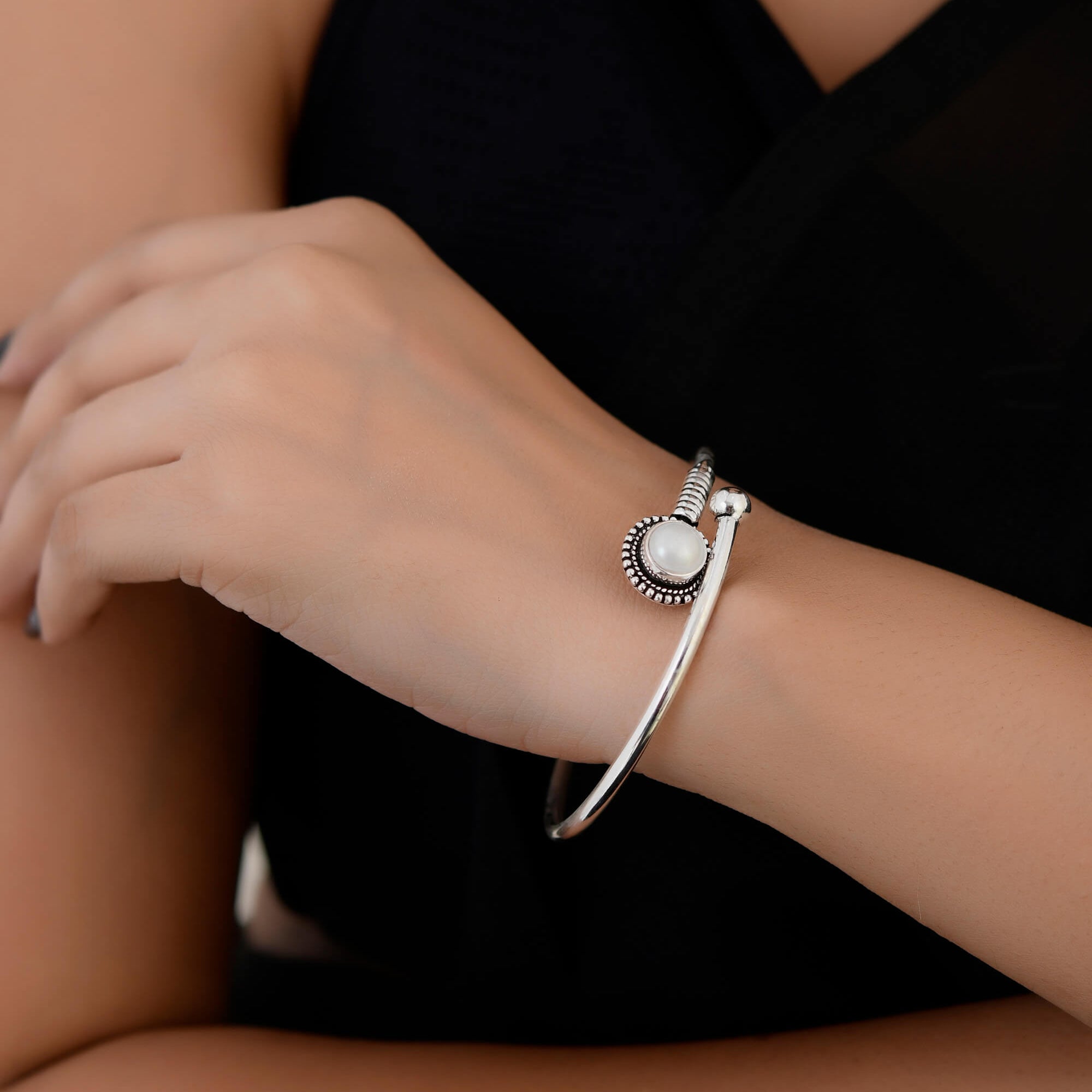 Gaurika Pearl Silver Bangle - 925 Silver Jewellery Meera Jaipur