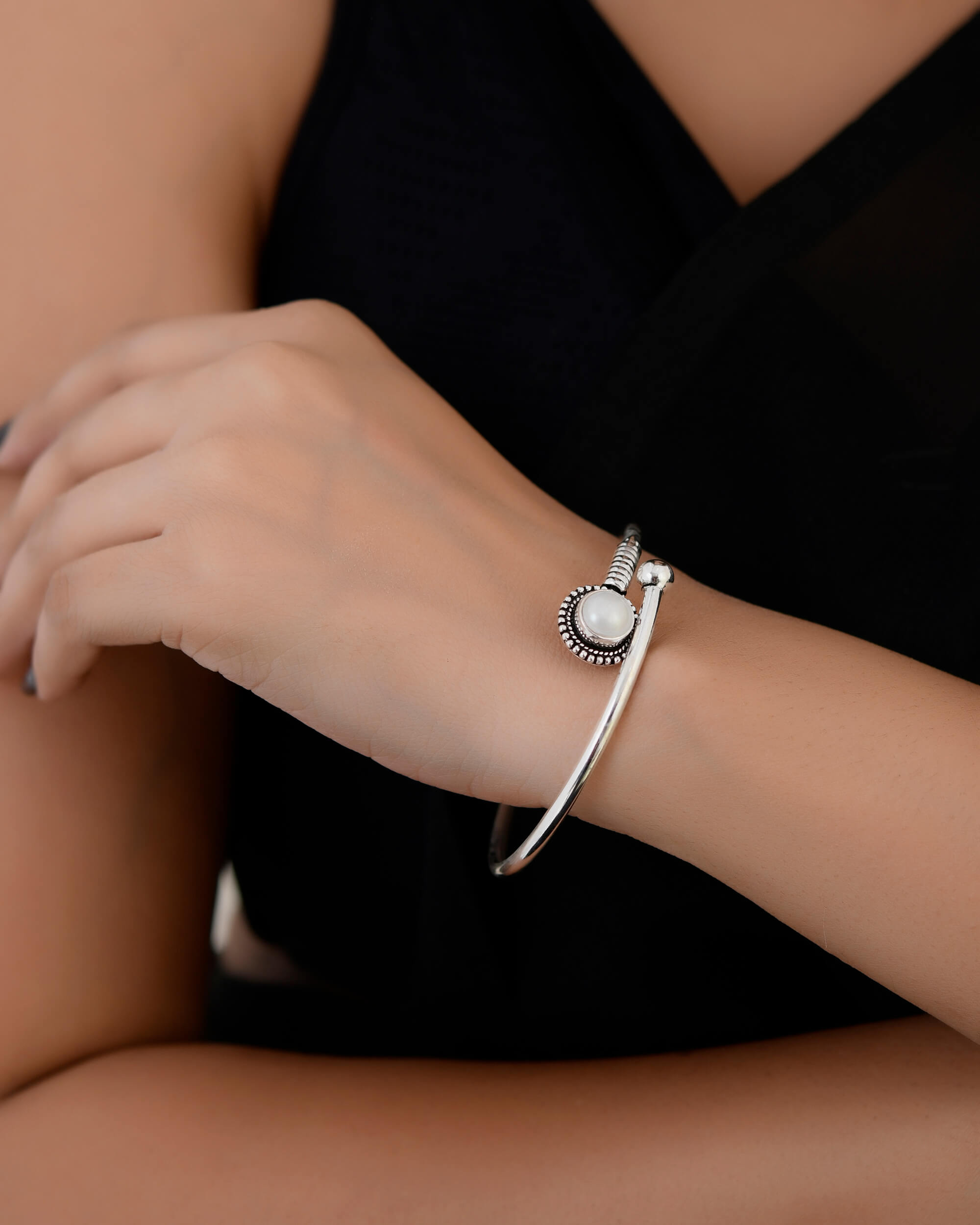 Gaurika Pearl Silver Bangle - 925 Silver Jewellery Meera Jaipur