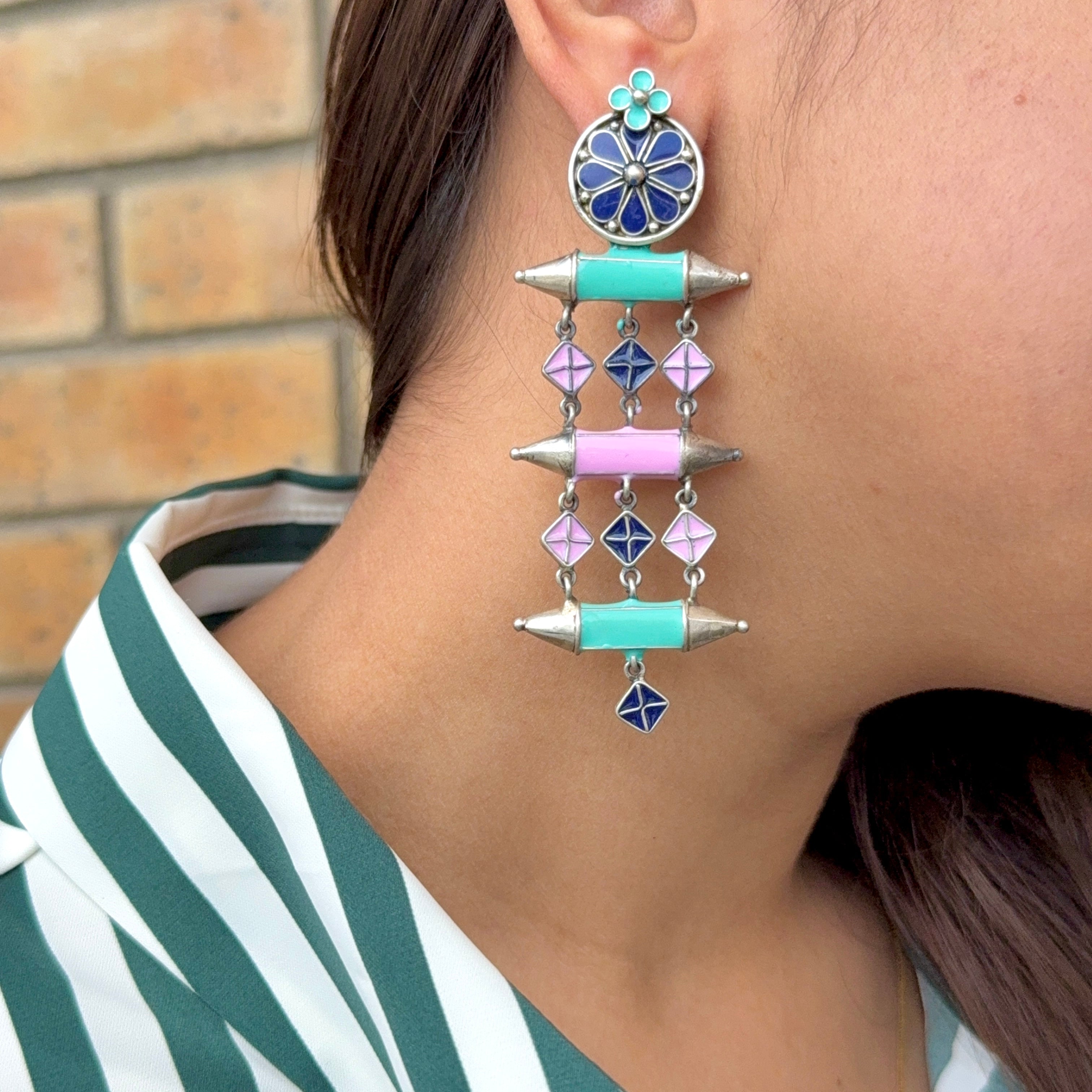 Enamel Long Earrings - 925 Silver Jewellery Meera Jaipur