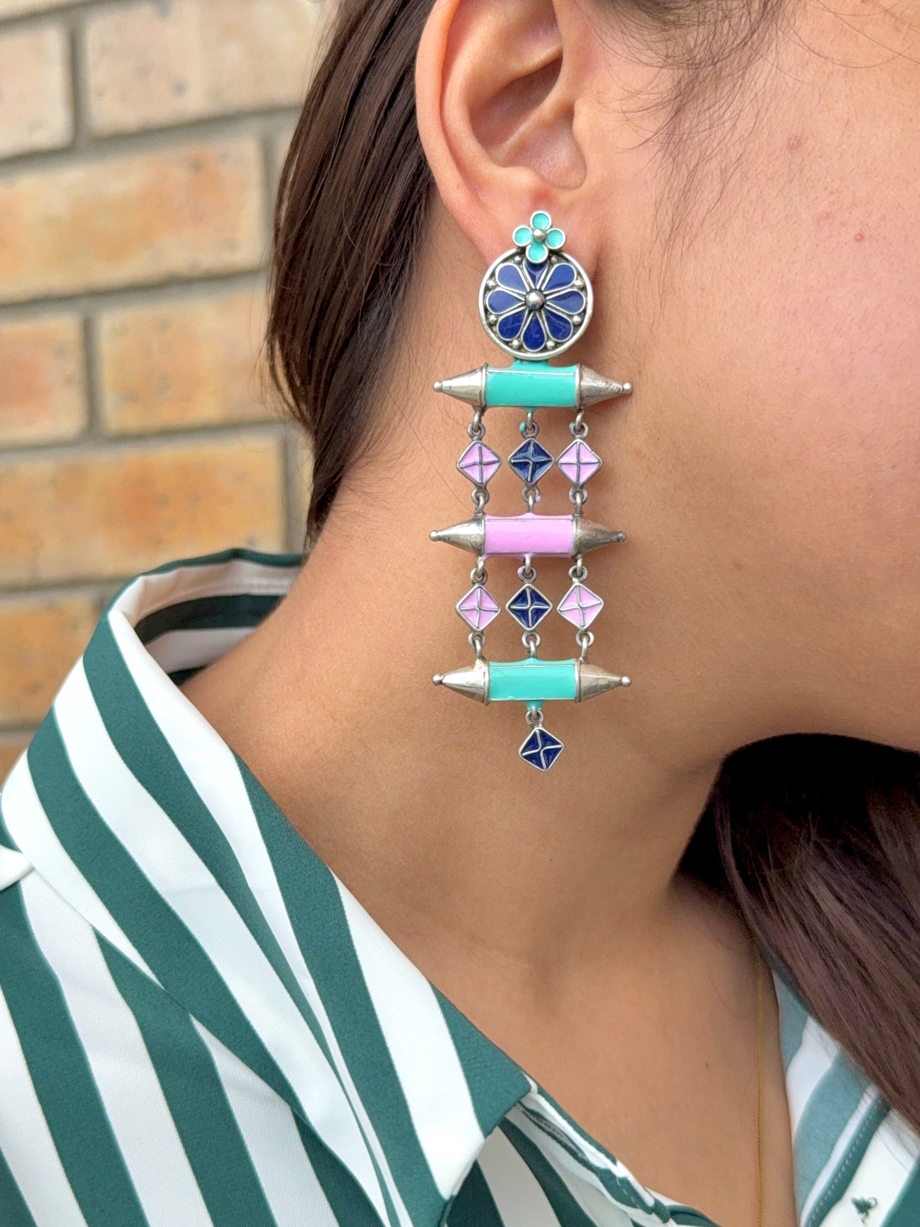 Enamel Long Earrings - 925 Silver Jewellery Meera Jaipur